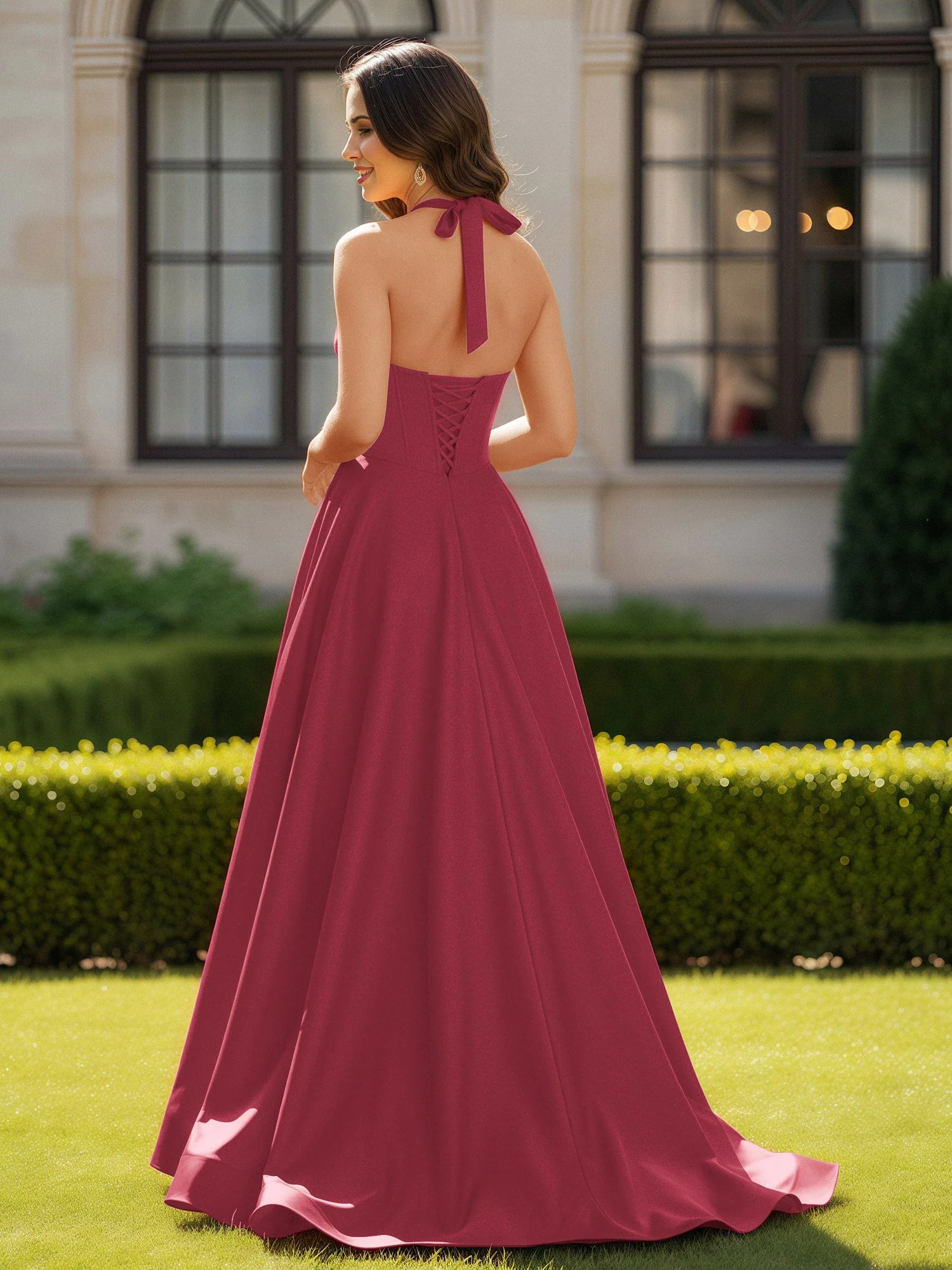 Halshalter Ausschnitt Ärmellos Satin Elegant Ballkleid Zimtrose - Image 2
