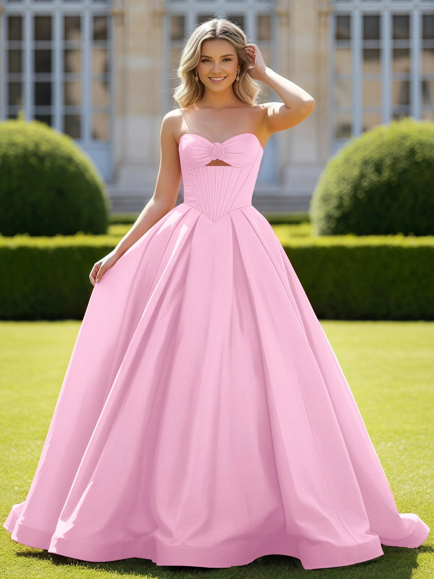 Herzform Satin Ballkleid Zart Spitzenoberteil Ballkleid Bonbonrosa