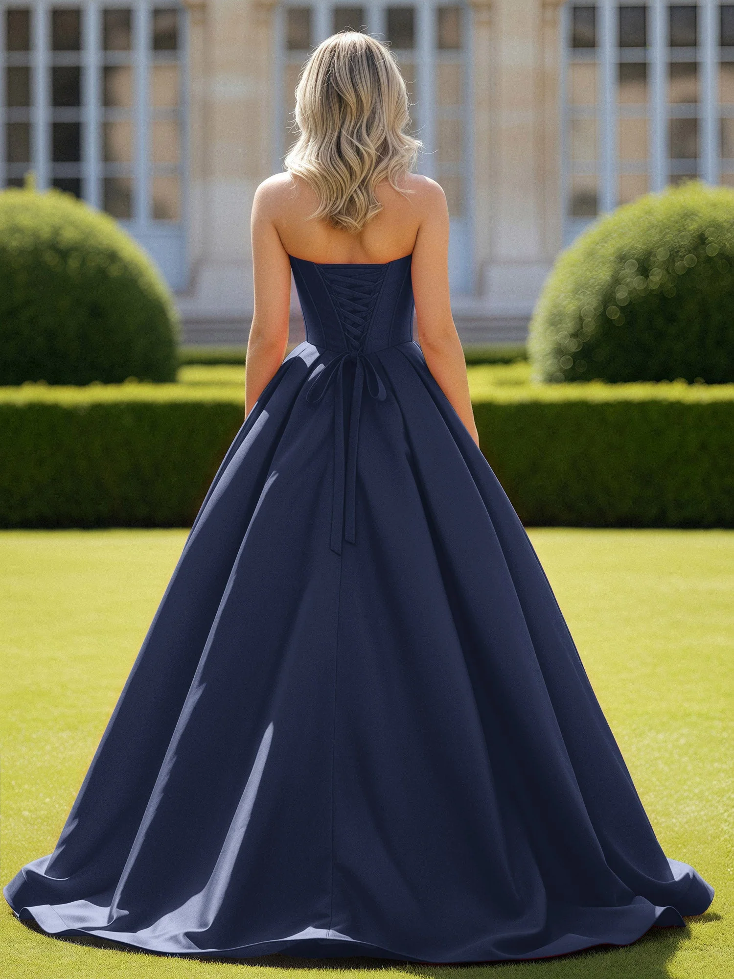 Herzform Satin Ballkleid Zart Spitzenoberteil Ballkleid Dunkelmarine - Image 2