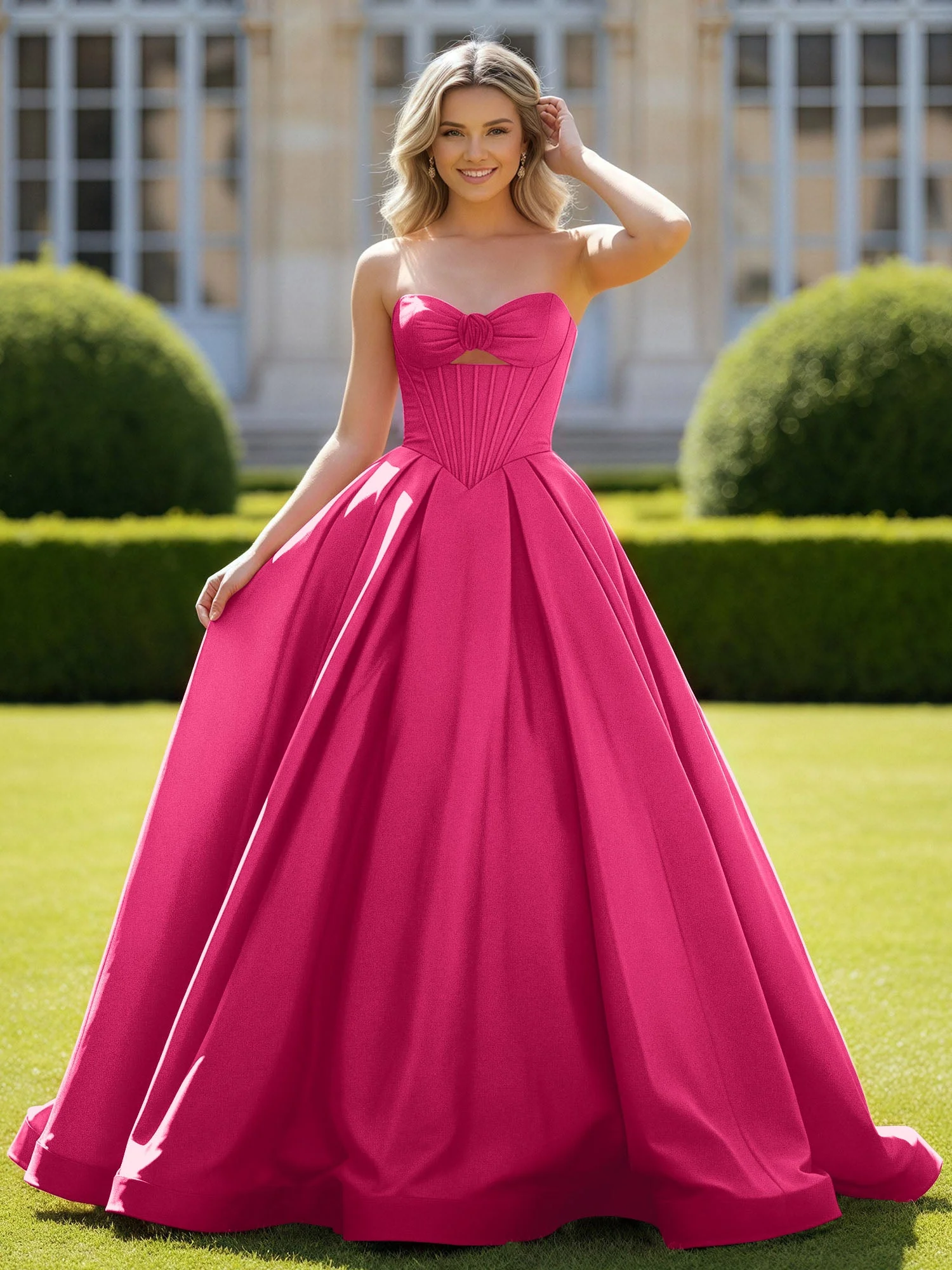 Herzform Satin Ballkleid Zart Spitzenoberteil Ballkleid Fuchsia