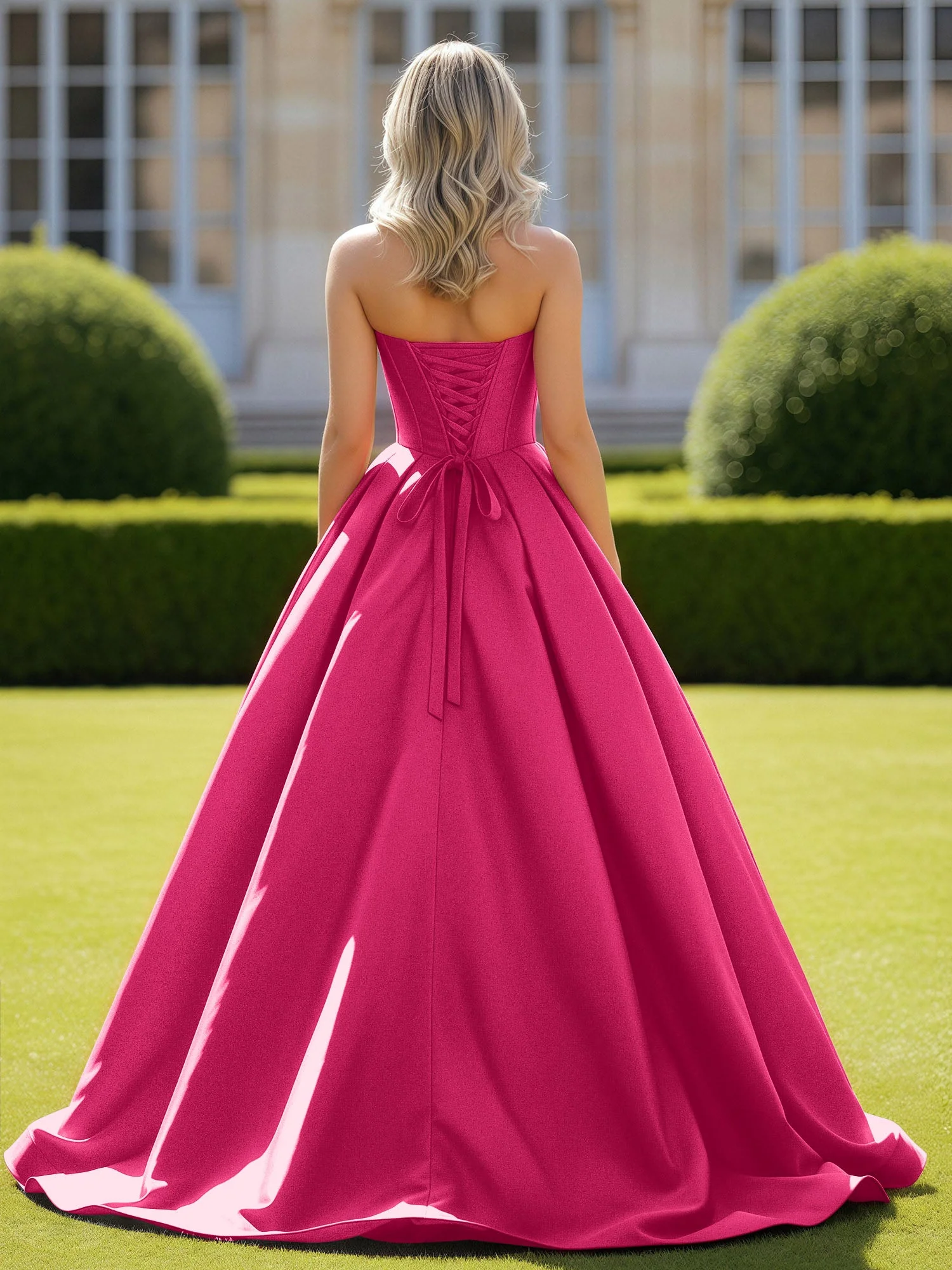 Herzform Satin Ballkleid Zart Spitzenoberteil Ballkleid Fuchsia - Image 2
