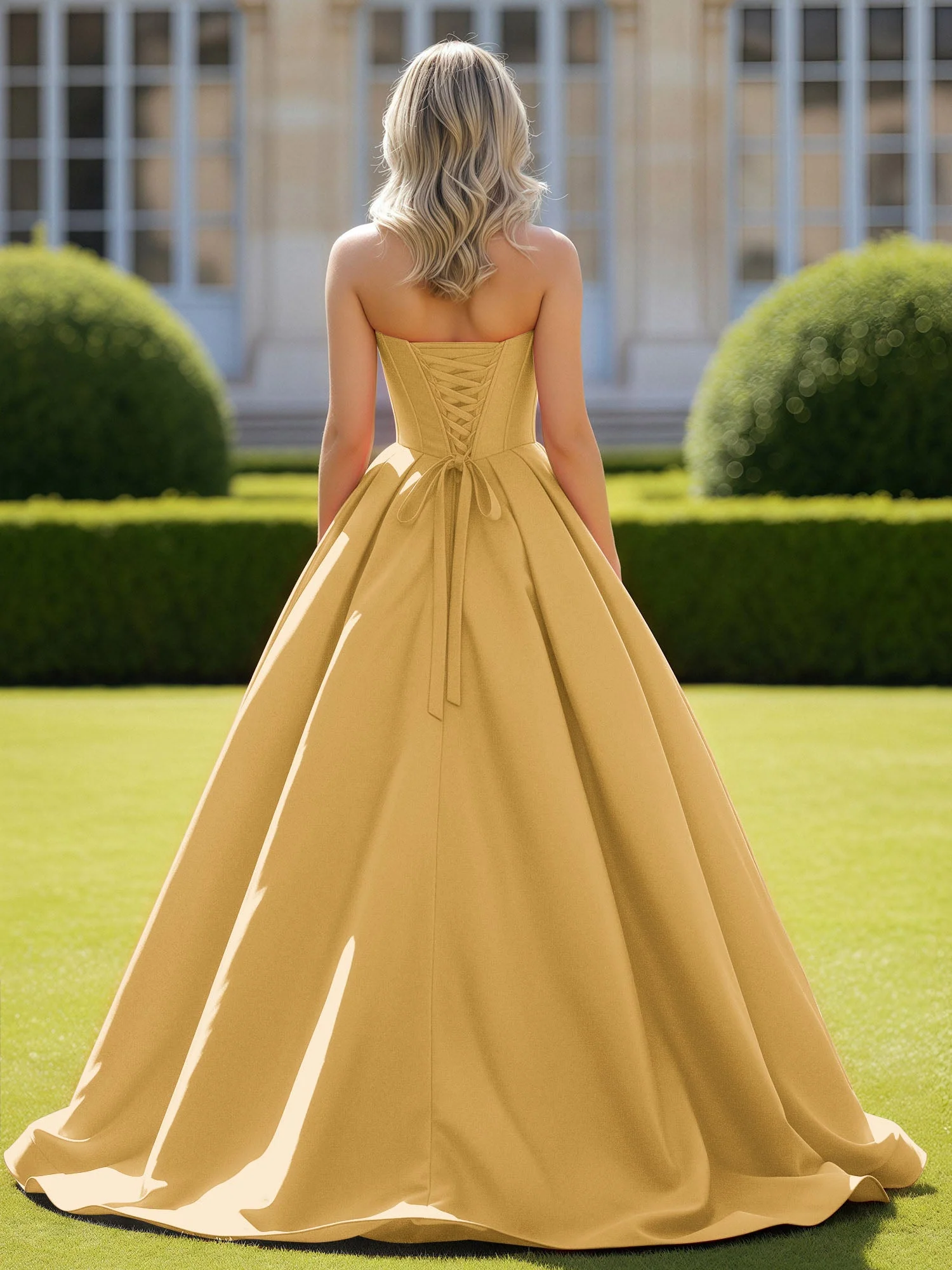 Herzform Satin Ballkleid Zart Spitzenoberteil Ballkleid Gold - Image 2