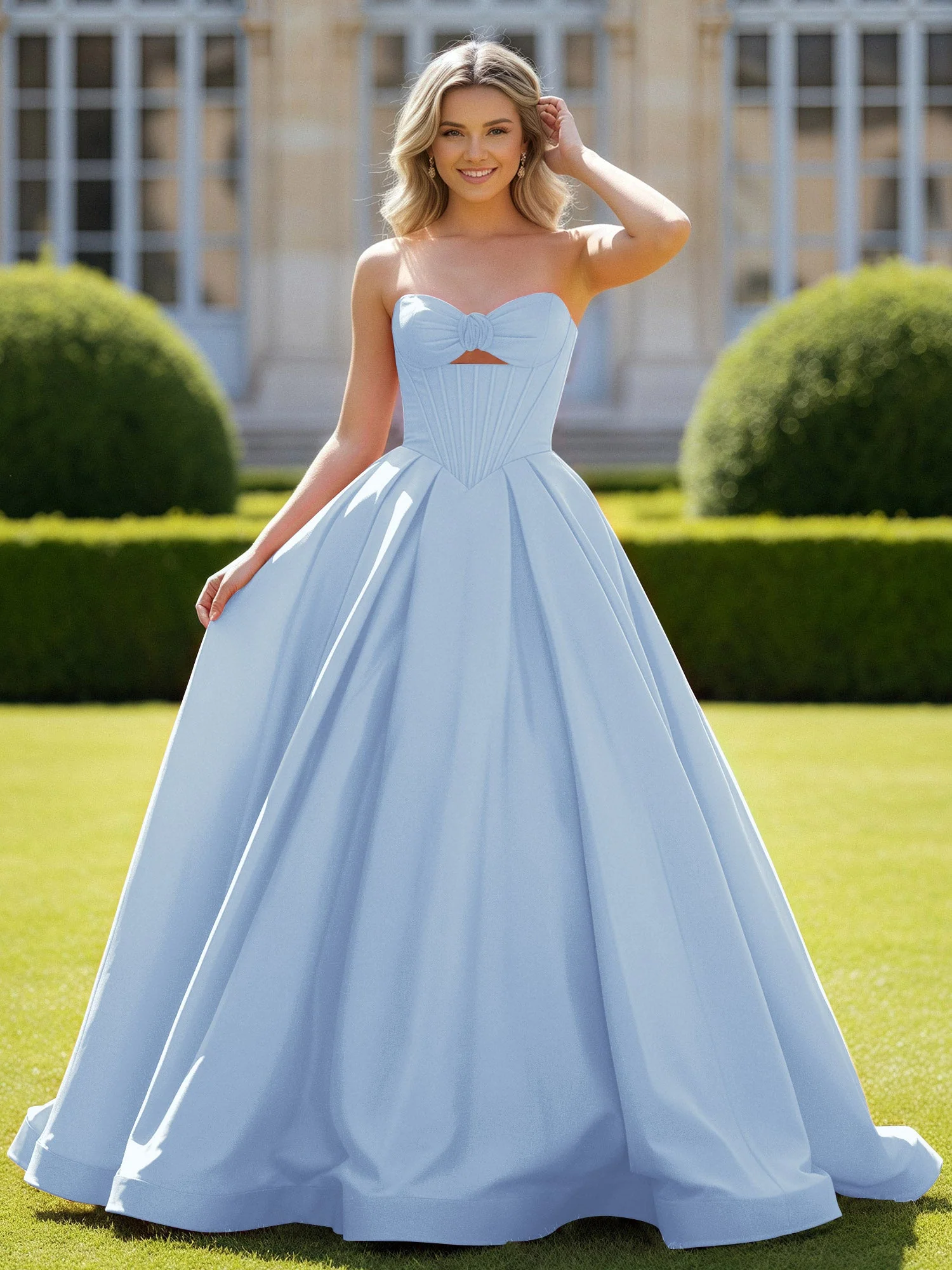 Herzform Satin Ballkleid Zart Spitzenoberteil Ballkleid Himmelblau