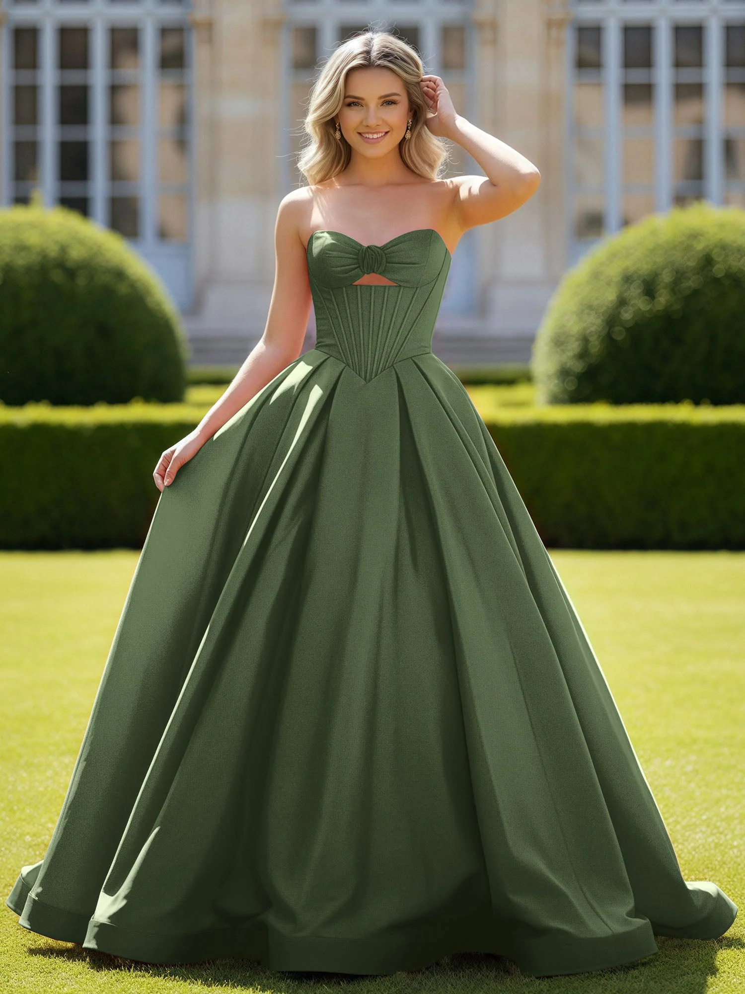 Herzform Satin Ballkleid Zart Spitzenoberteil Ballkleid Olivgrün