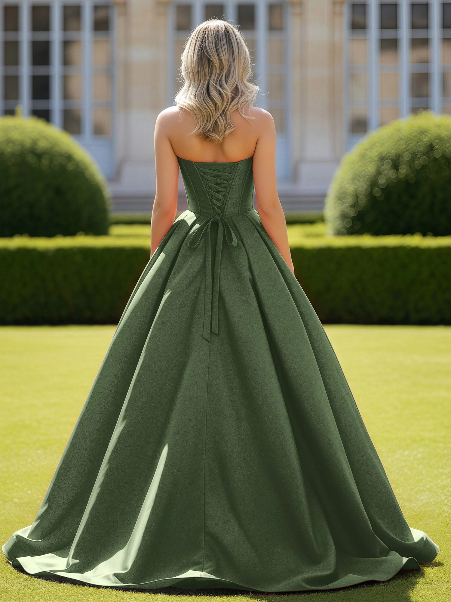 Herzform Satin Ballkleid Zart Spitzenoberteil Ballkleid Olivgrün - Image 2