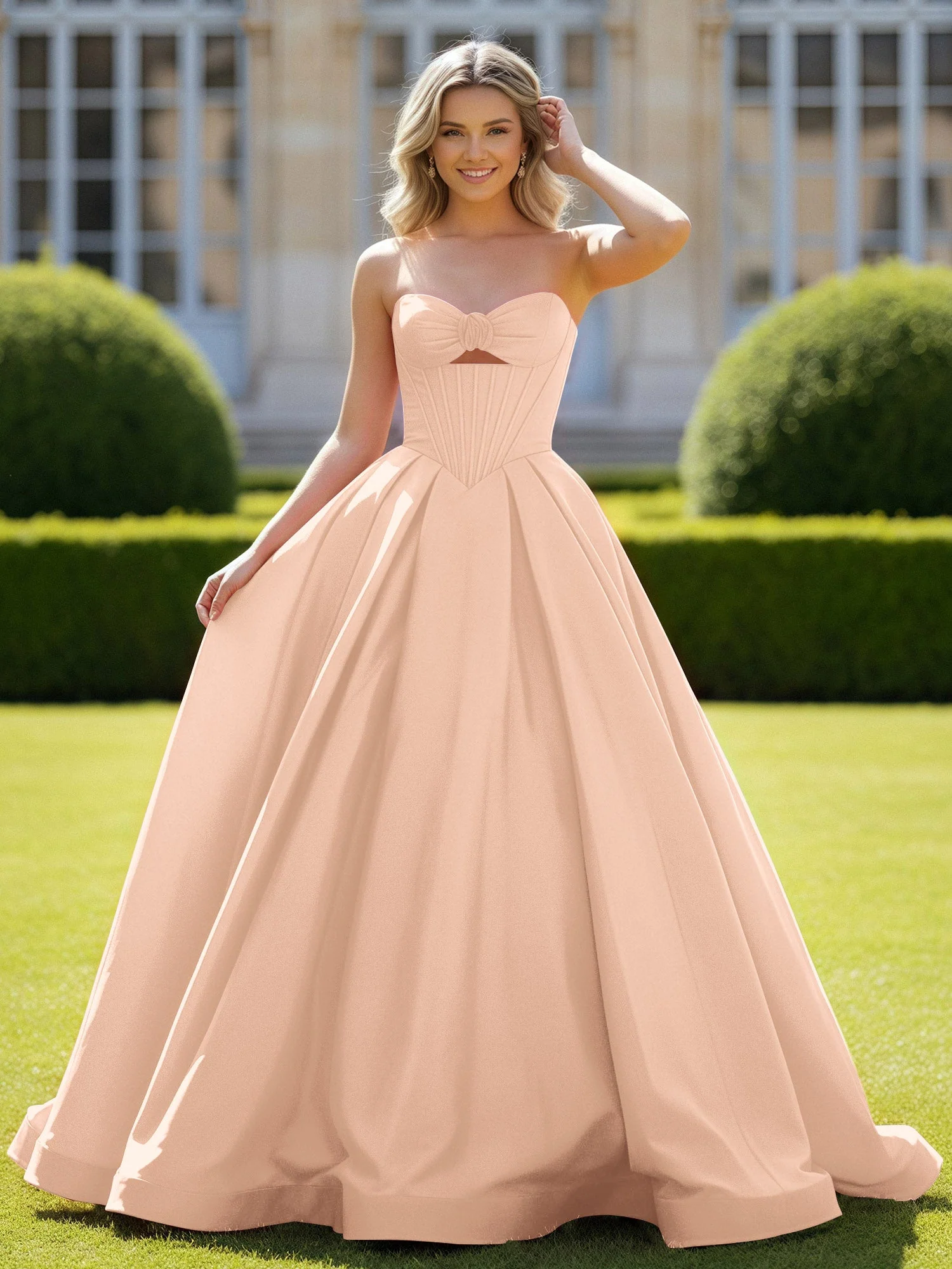 Herzform Satin Ballkleid Zart Spitzenoberteil Ballkleid Pfirsich