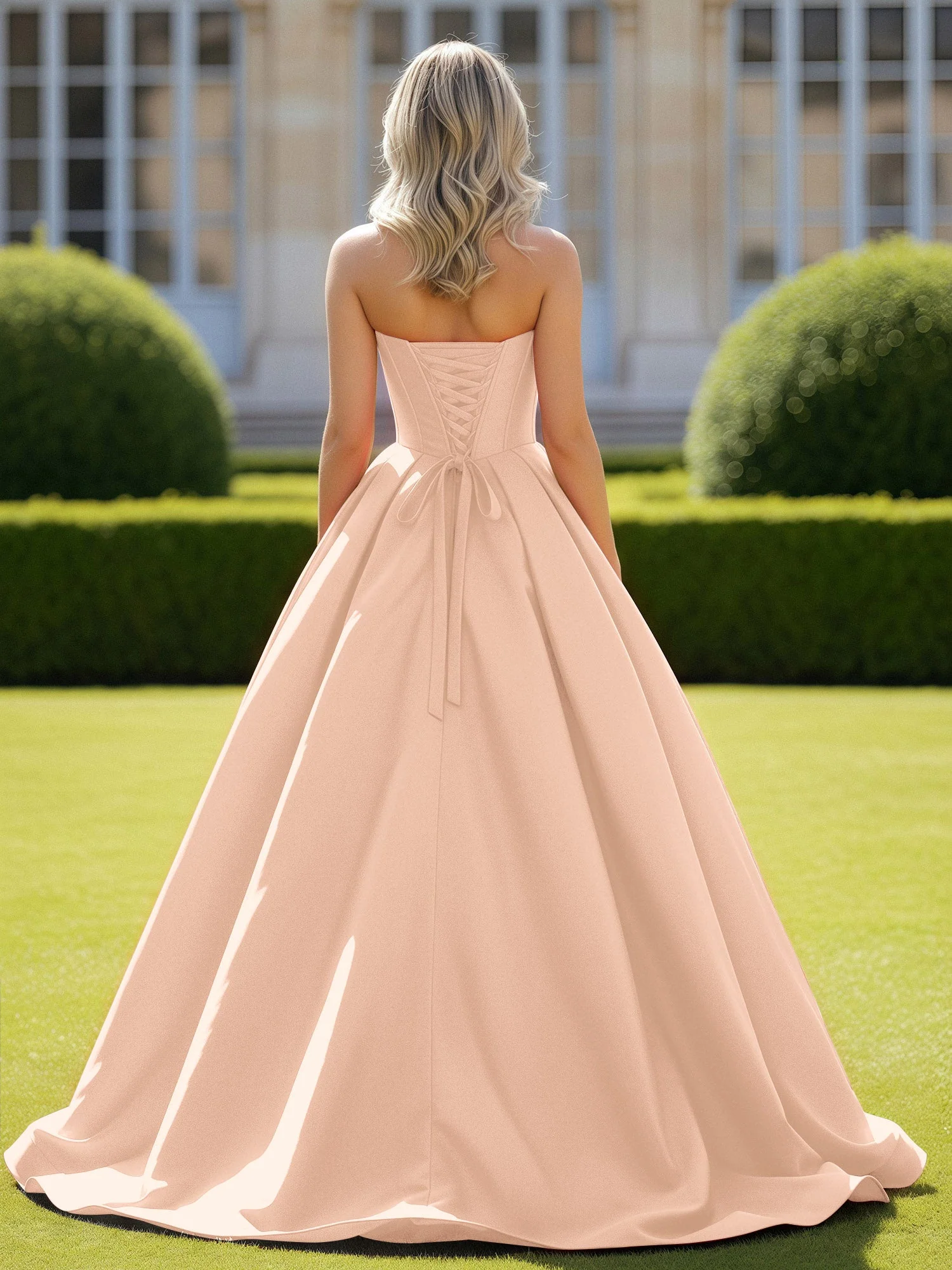 Herzform Satin Ballkleid Zart Spitzenoberteil Ballkleid Pfirsich - Image 2