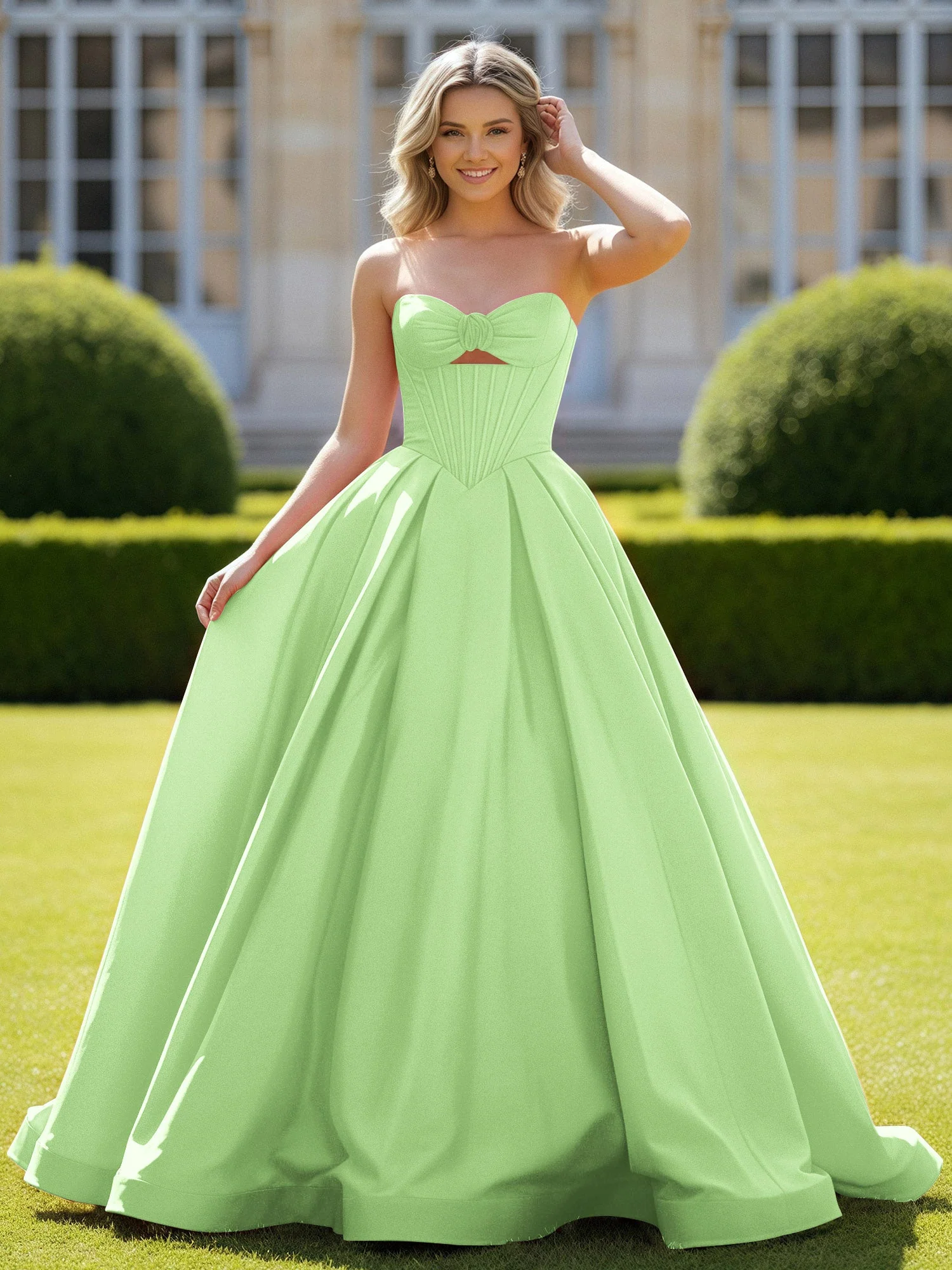 Herzform Satin Ballkleid Zart Spitzenoberteil Ballkleid Salbei