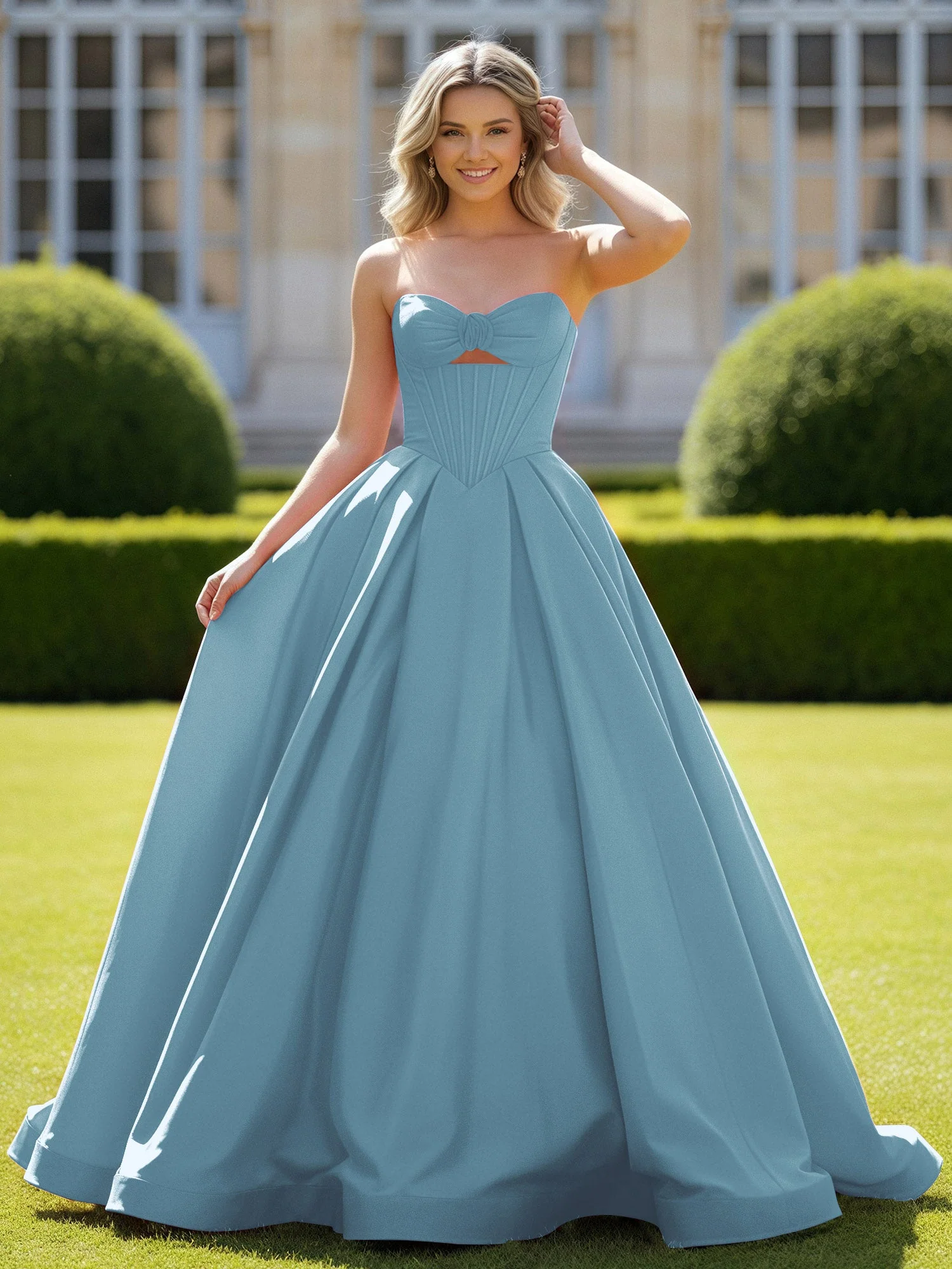 Herzform Satin Ballkleid Zart Spitzenoberteil Ballkleid Schiefer Blau