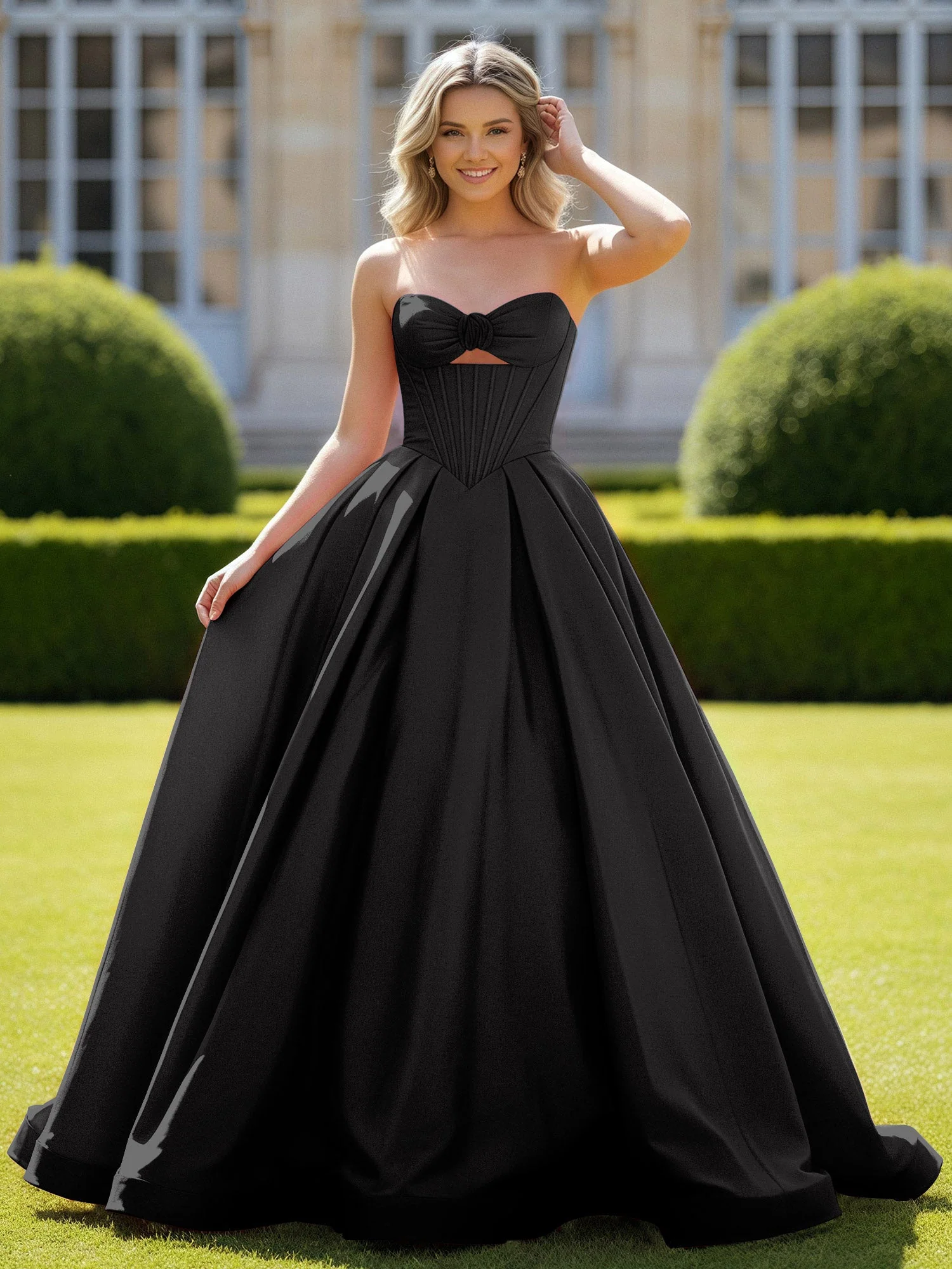 Herzform Satin Ballkleid Zart Spitzenoberteil Ballkleid Schwarz