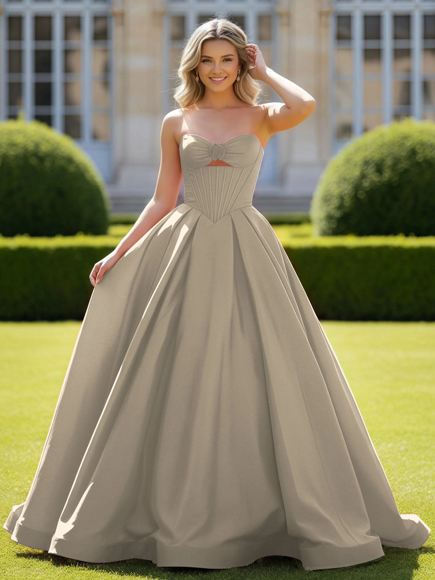 Herzform Satin Ballkleid Zart Spitzenoberteil Ballkleid Taupe