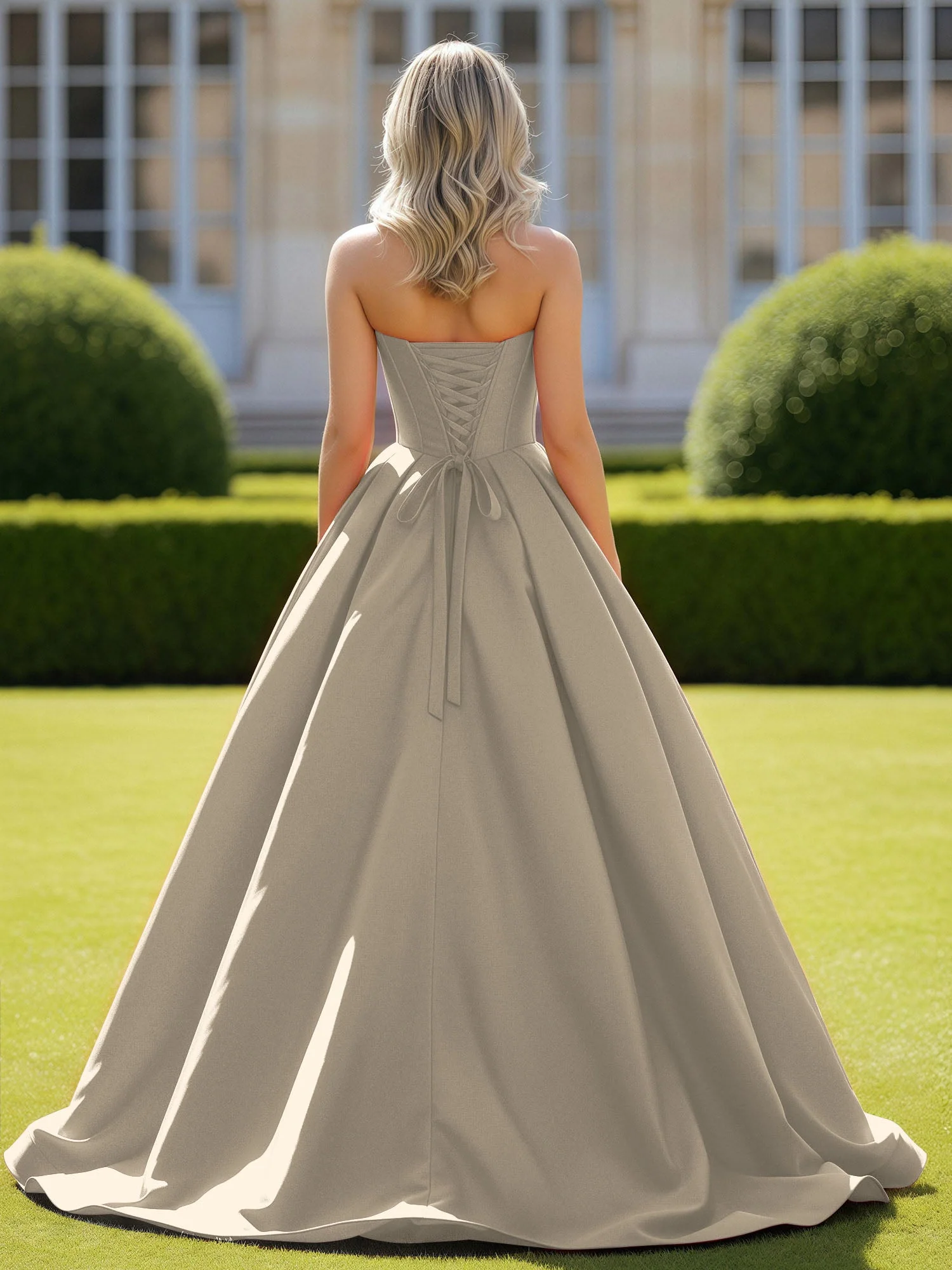 Herzform Satin Ballkleid Zart Spitzenoberteil Ballkleid Taupe - Image 2