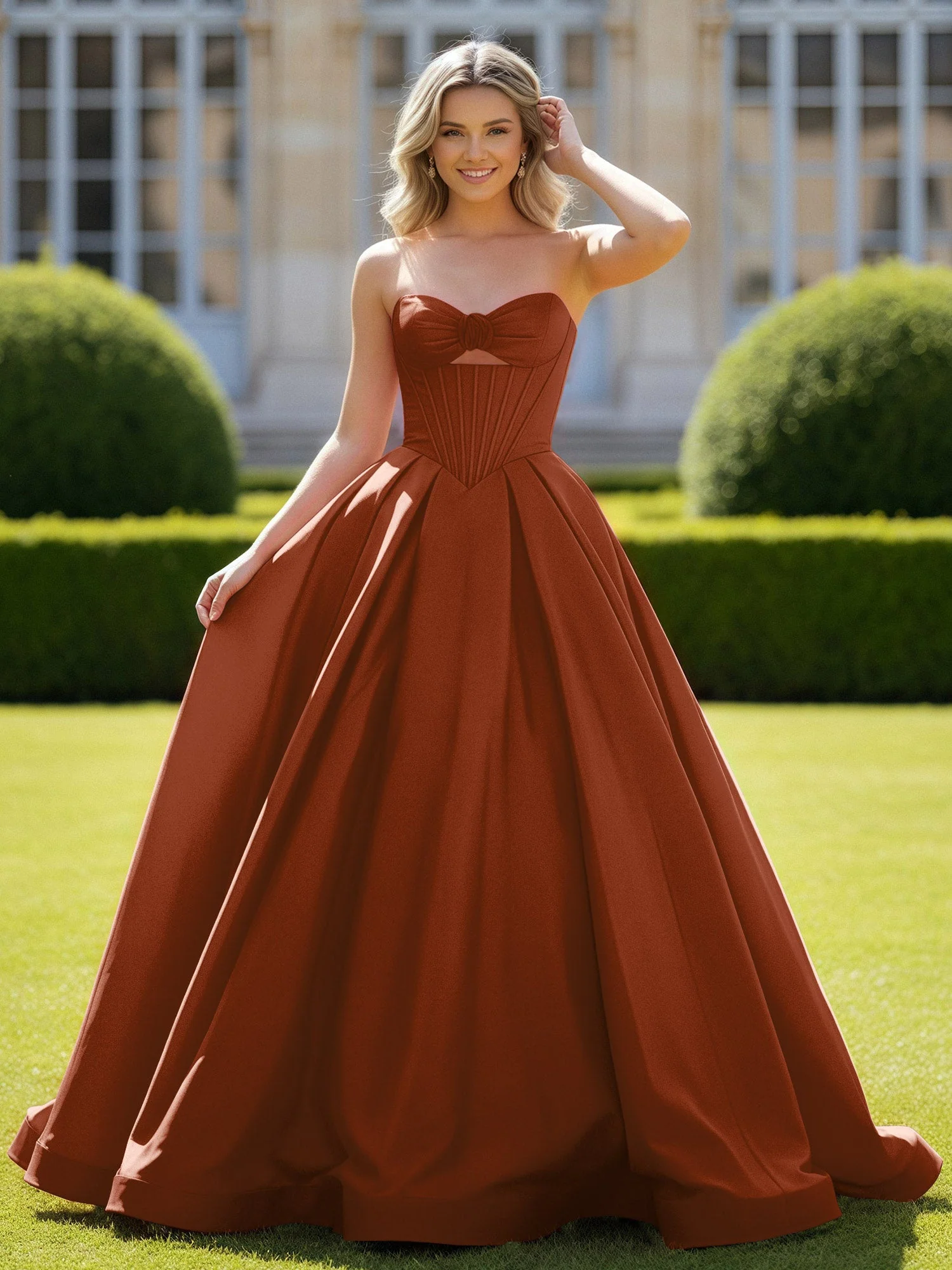 Herzform Satin Ballkleid Zart Spitzenoberteil Ballkleid Terrakotta