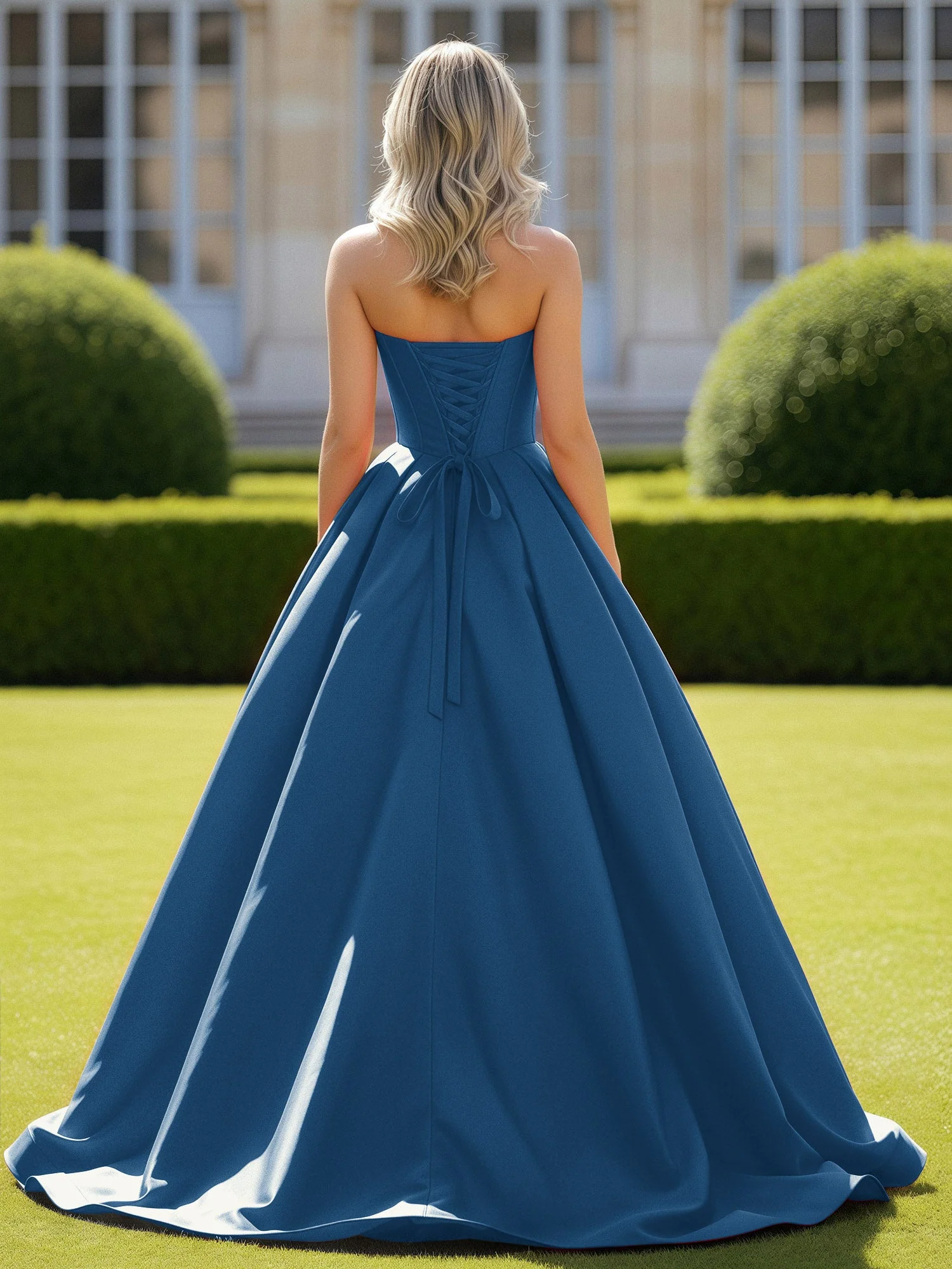 Herzform Satin Ballkleid Zart Spitzenoberteil Ballkleid Tinte Blau - Image 2