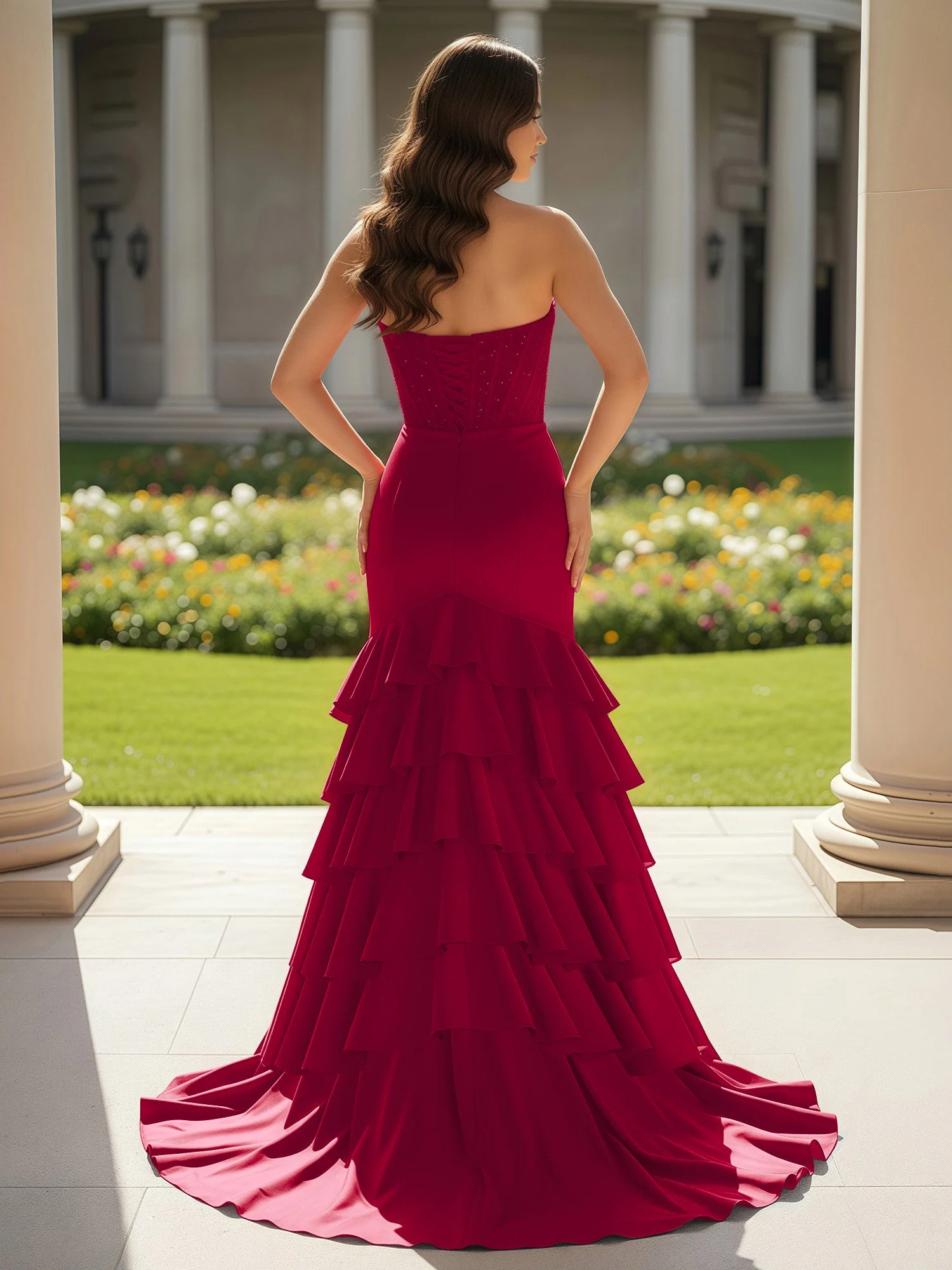 Meerjungfrau Trägerlos Schlitz Rüschen Ballkleid mit Schleppe Burgunderrot - Image 2