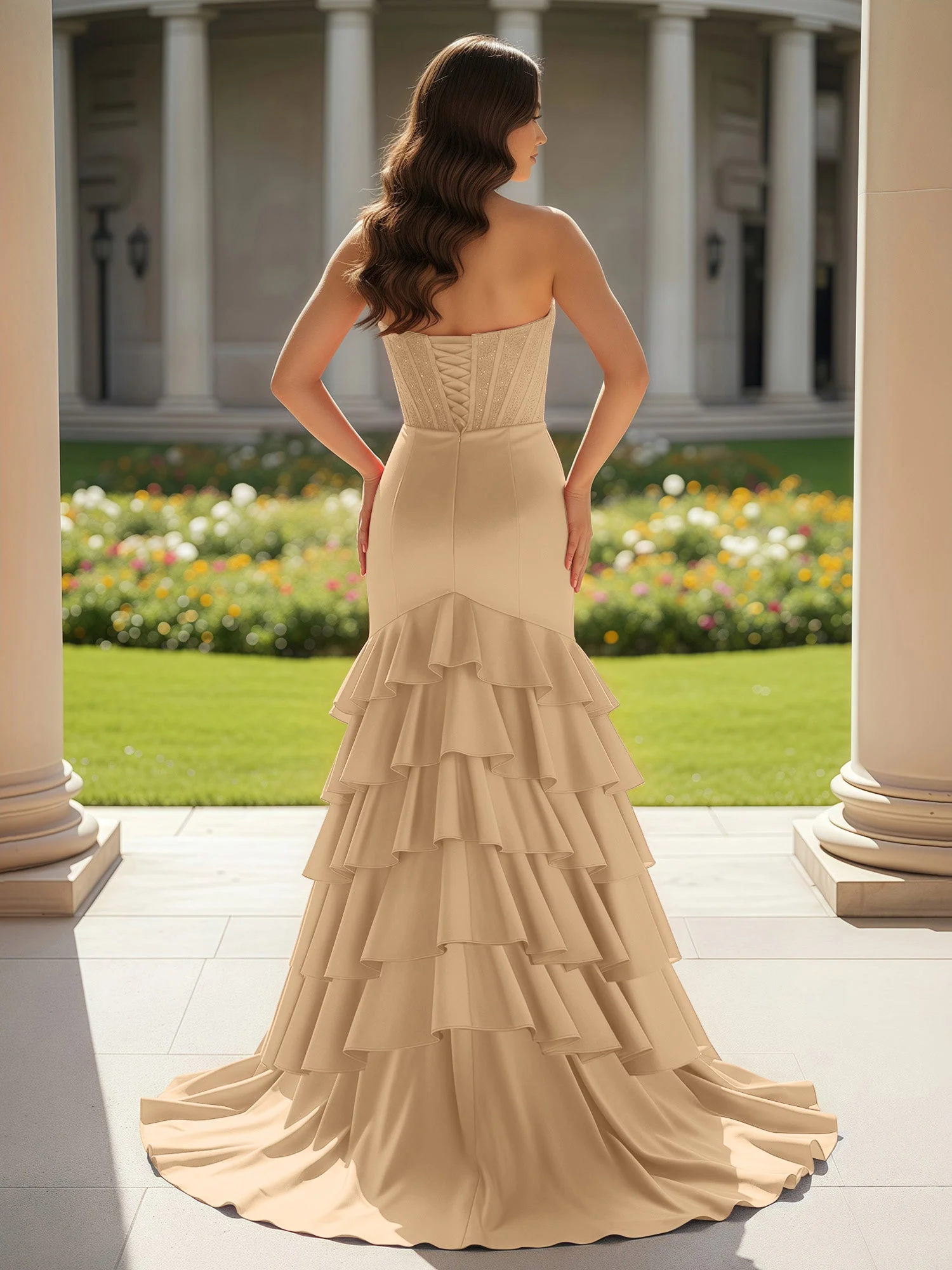 Meerjungfrau Trägerlos Schlitz Rüschen Ballkleid mit Schleppe Champagner - Image 2