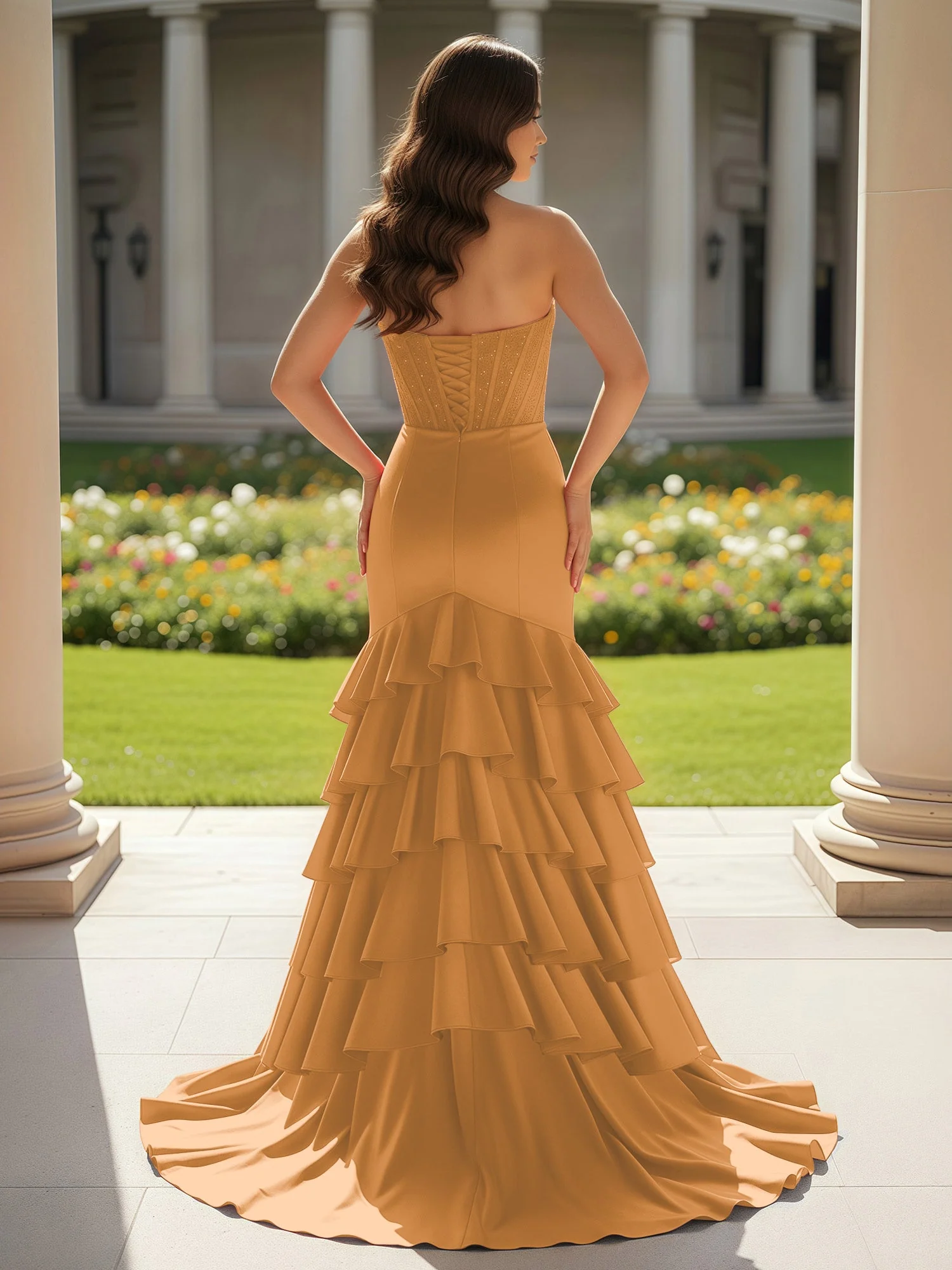 Meerjungfrau Trägerlos Schlitz Rüschen Ballkleid mit Schleppe Gold - Image 2