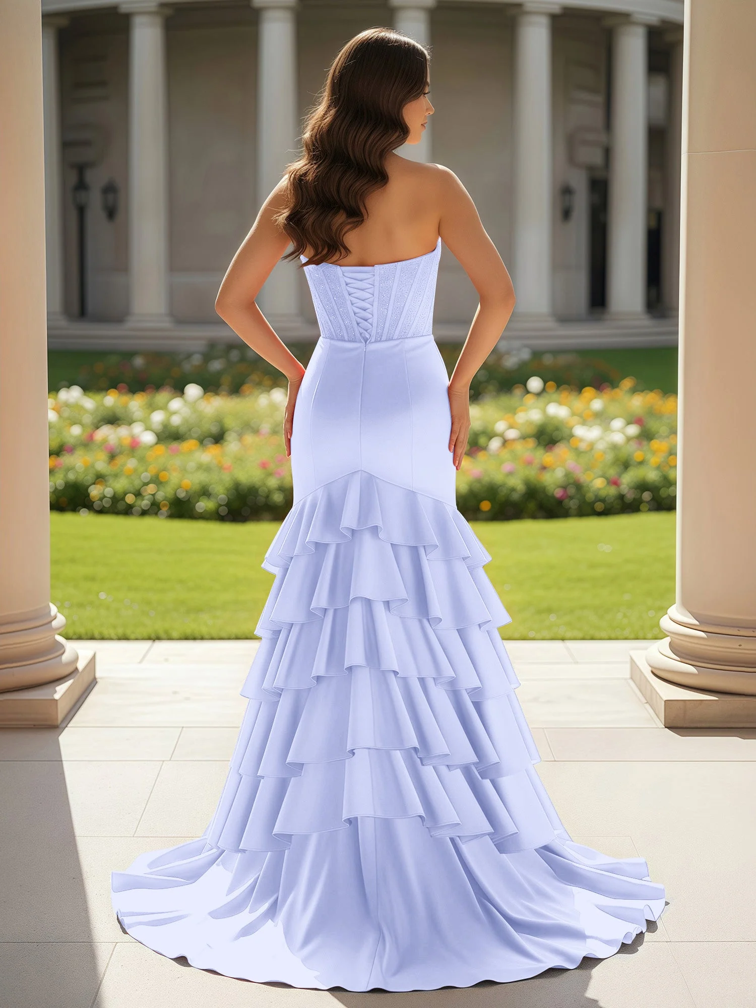 Meerjungfrau Trägerlos Schlitz Rüschen Ballkleid mit Schleppe Lavendel - Image 2