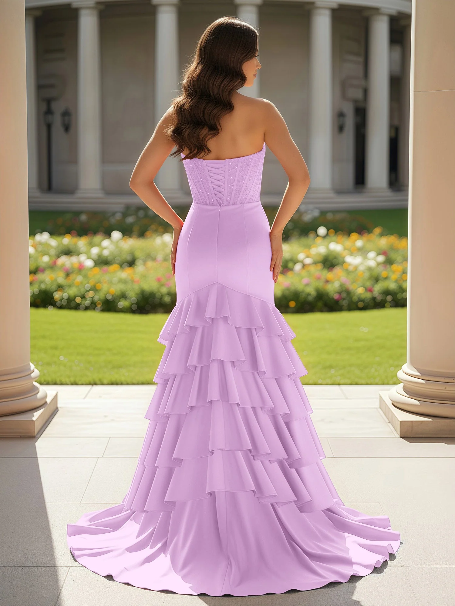Meerjungfrau Trägerlos Schlitz Rüschen Ballkleid mit Schleppe Lila - Image 2