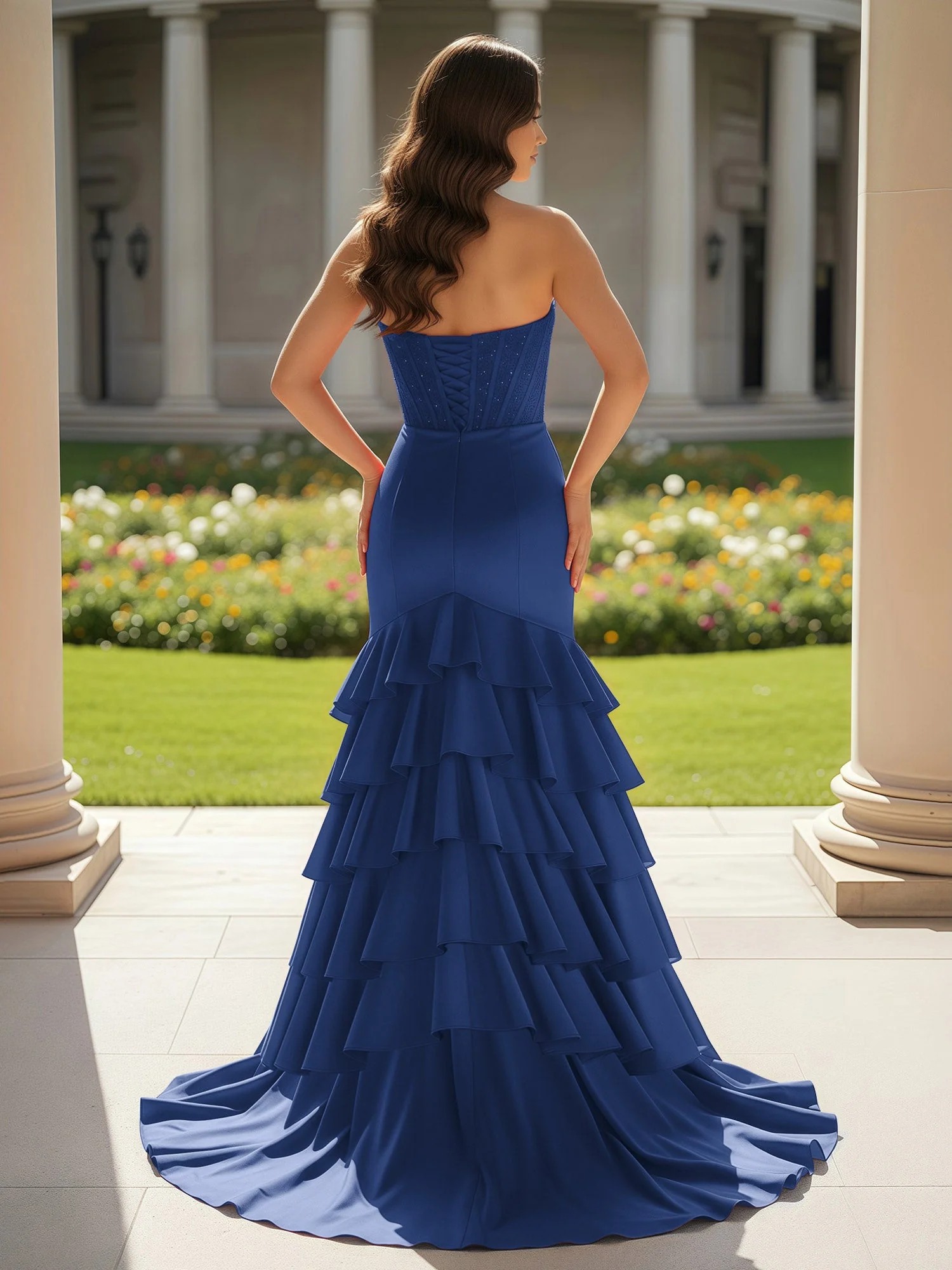 Meerjungfrau Trägerlos Schlitz Rüschen Ballkleid mit Schleppe Marineblau - Image 2