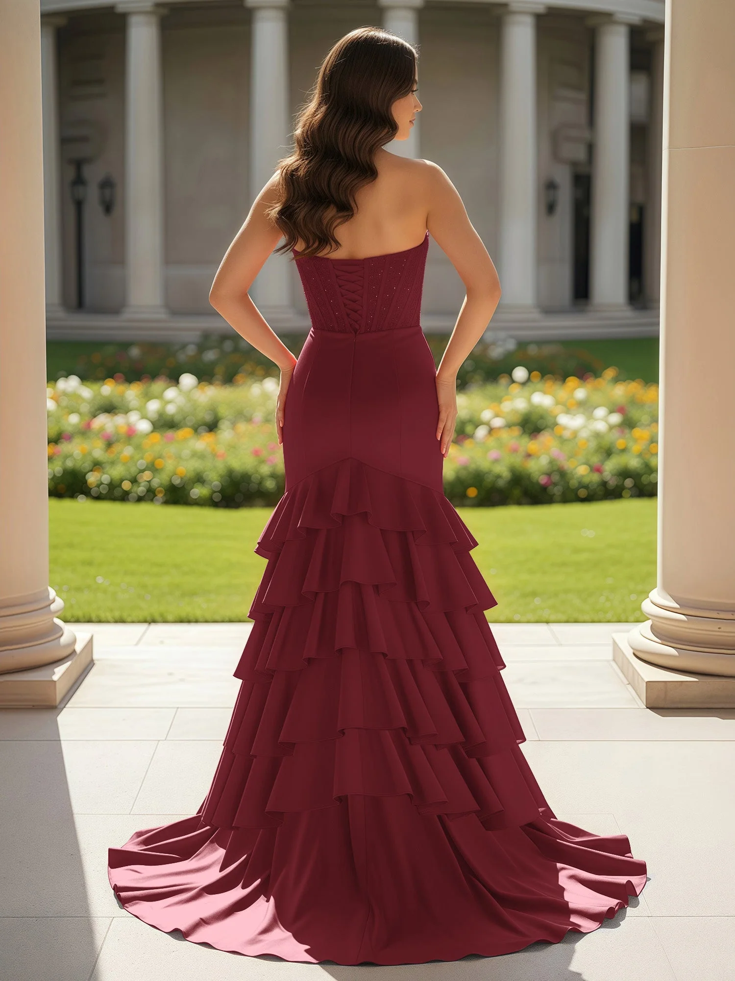 Meerjungfrau Trägerlos Schlitz Rüschen Ballkleid mit Schleppe Maulbeere - Image 2