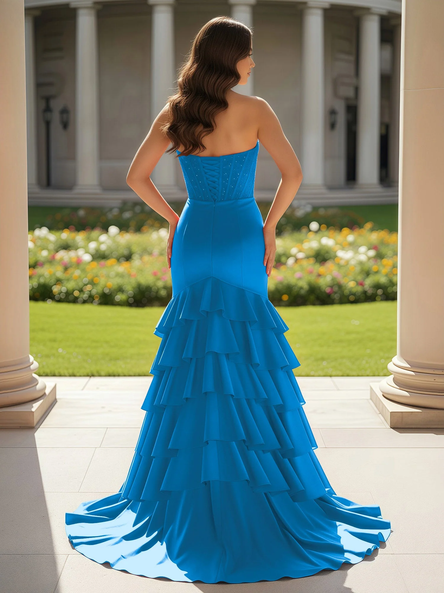 Meerjungfrau Trägerlos Schlitz Rüschen Ballkleid mit Schleppe Meerblau - Image 2