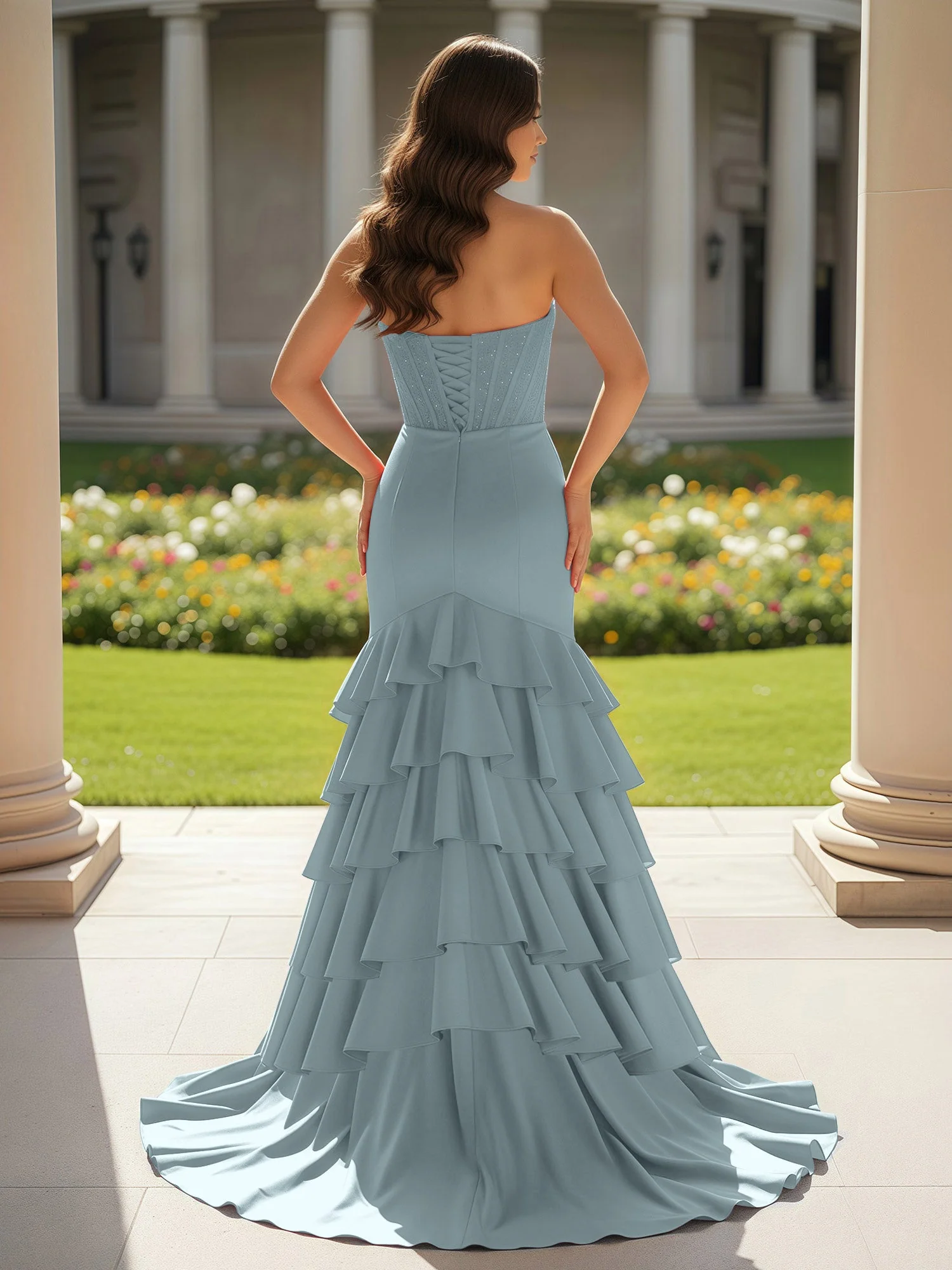 Meerjungfrau Trägerlos Schlitz Rüschen Ballkleid mit Schleppe Staubiges Blau - Image 2