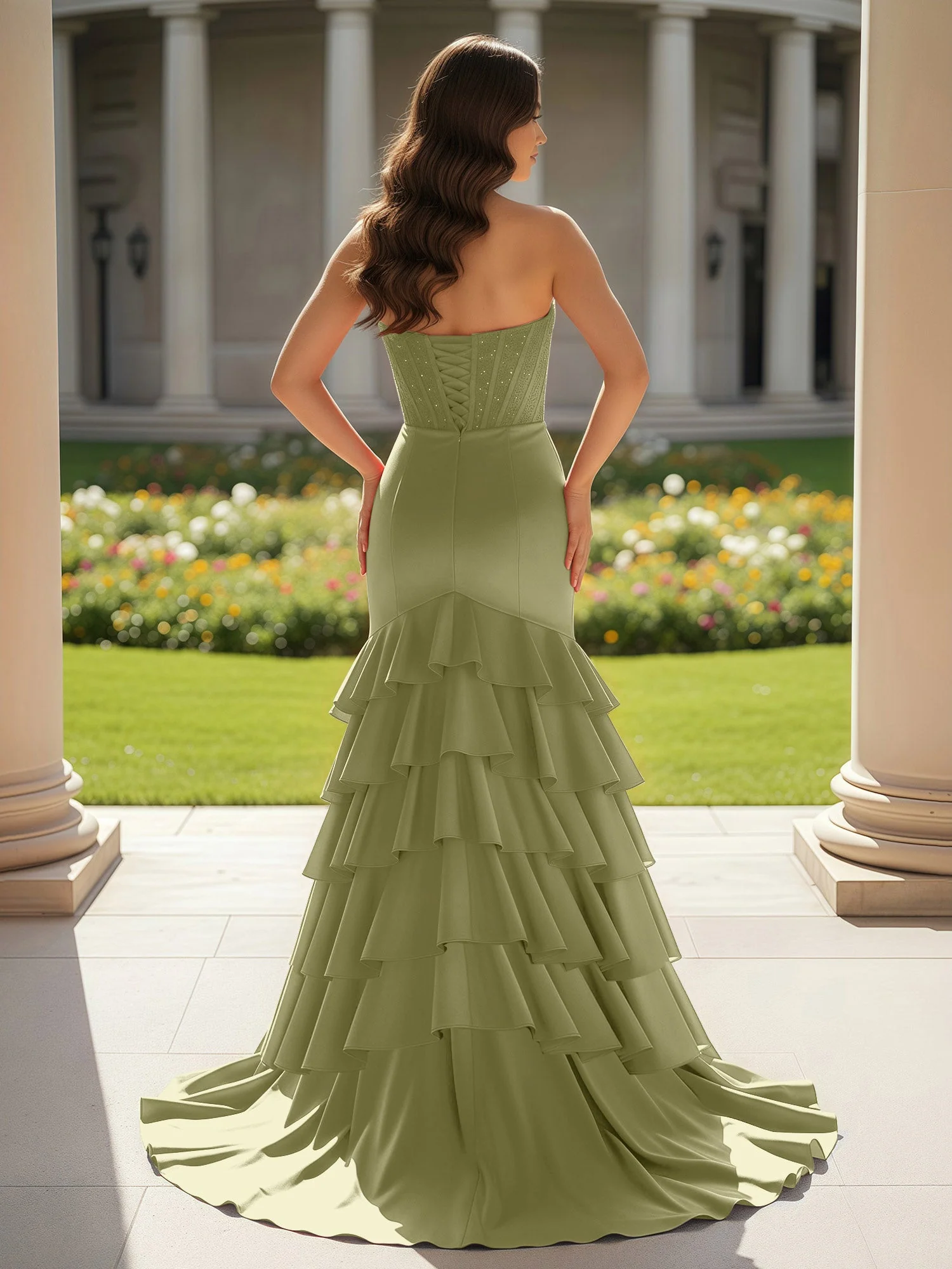 Meerjungfrau Trägerlos Schlitz Rüschen Ballkleid mit Schleppe Staubiges Salbei - Image 2