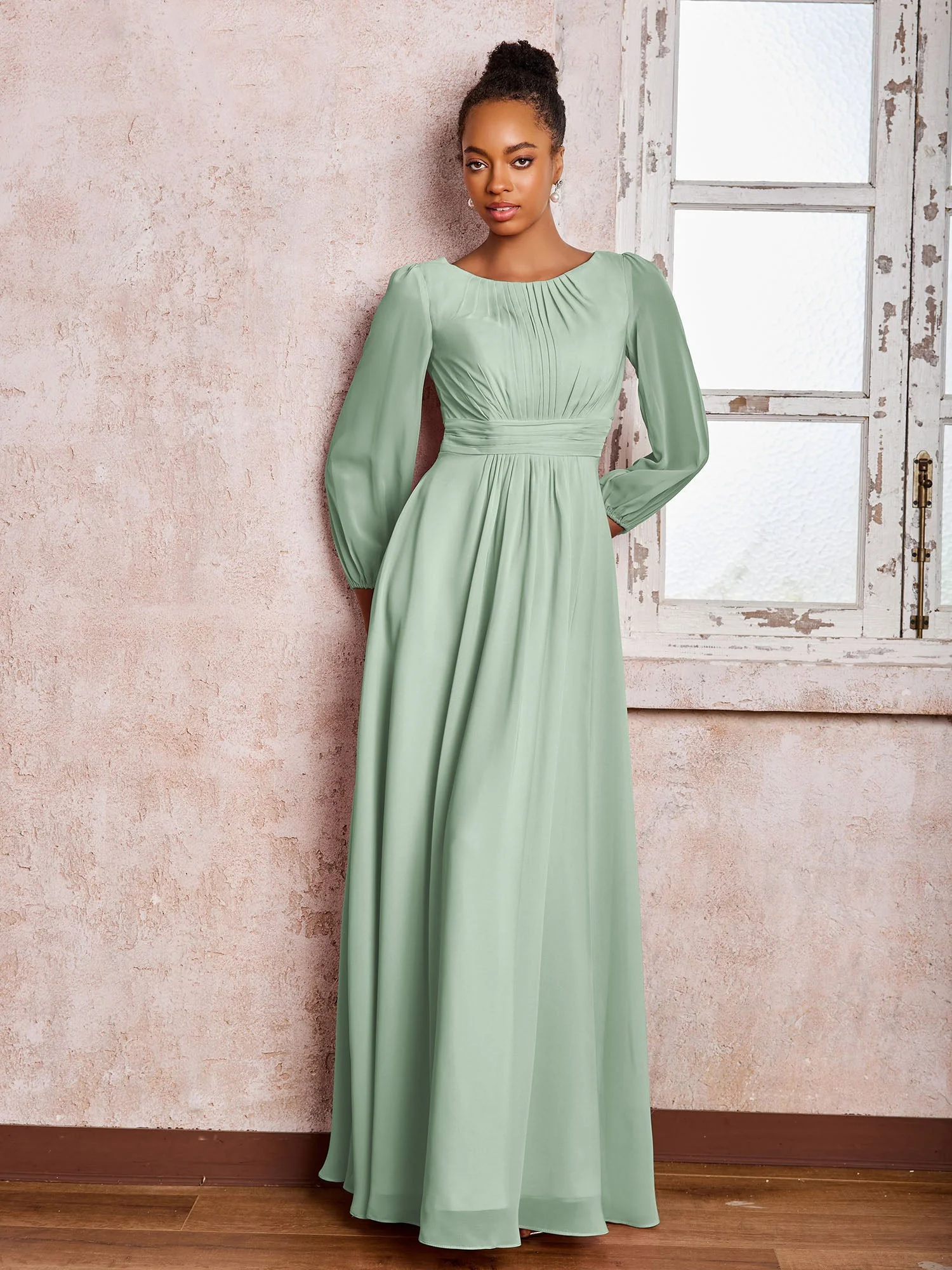 U-Ausschnitt Langarm Rüschen A-Linie Chiffon Kleider Agavengrün