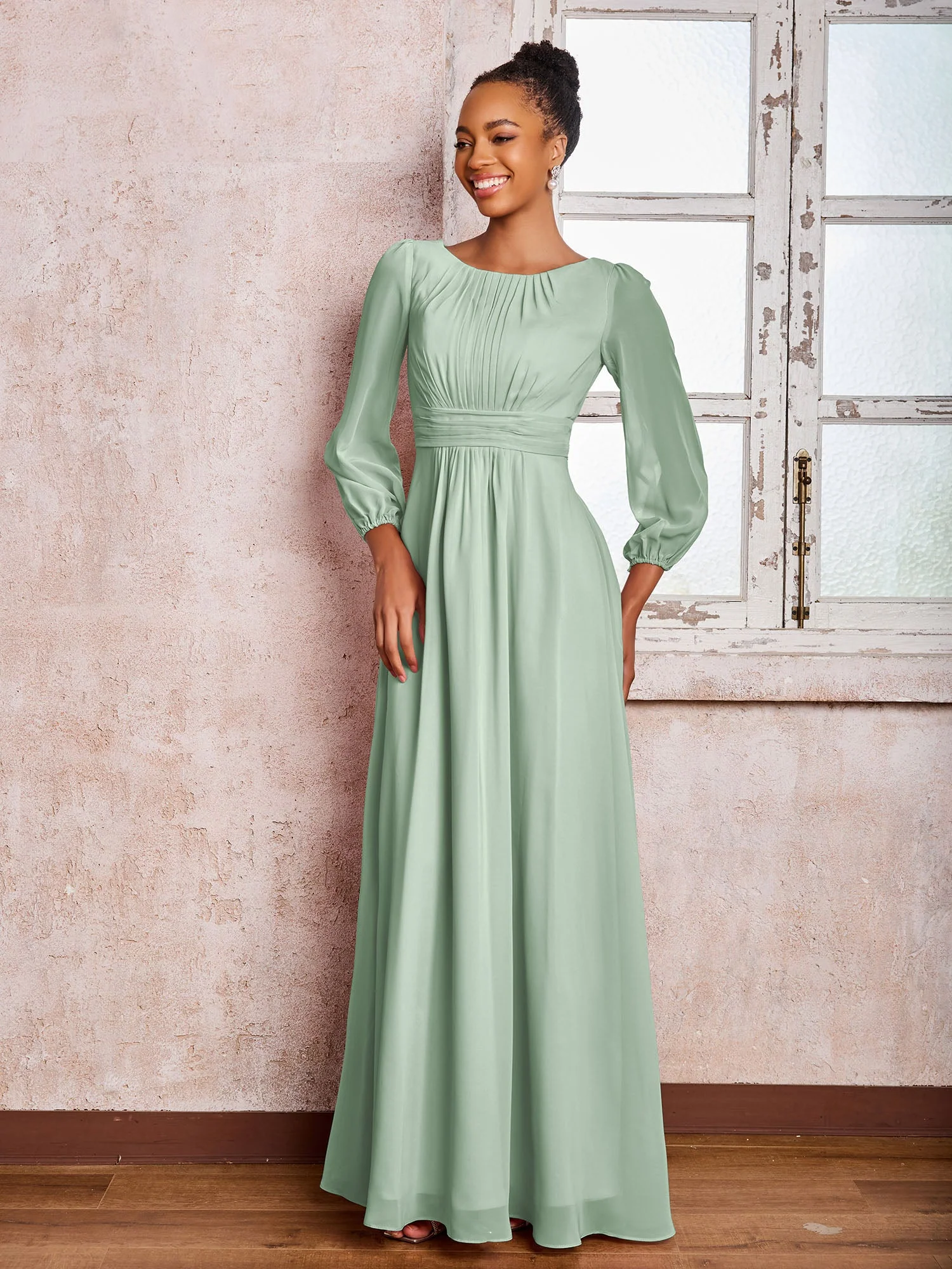U-Ausschnitt Langarm Rüschen A-Linie Chiffon Kleider Agavengrün - Image 3