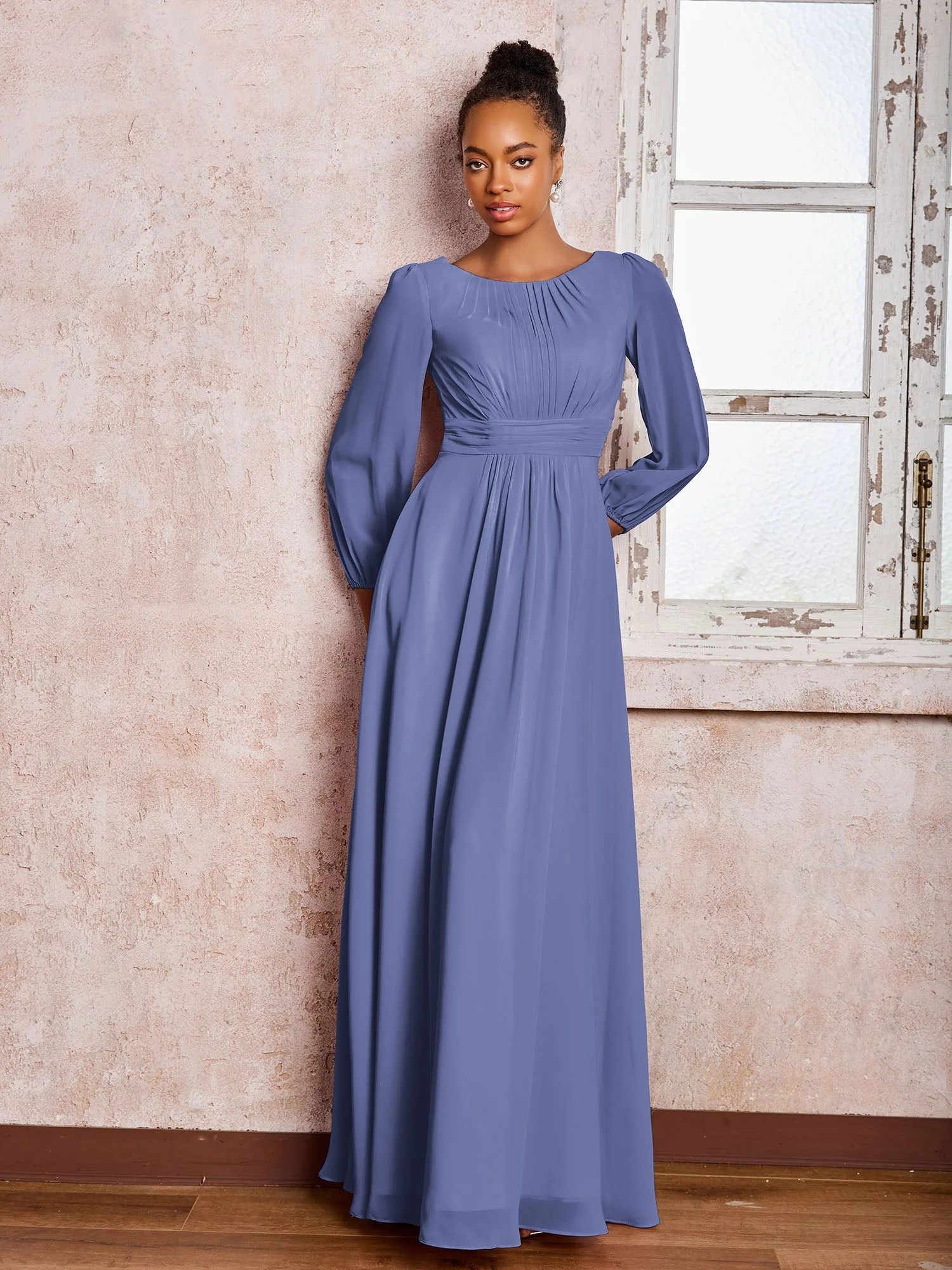 U-Ausschnitt Langarm Rüschen A-Linie Chiffon Kleider Periwinkleblau