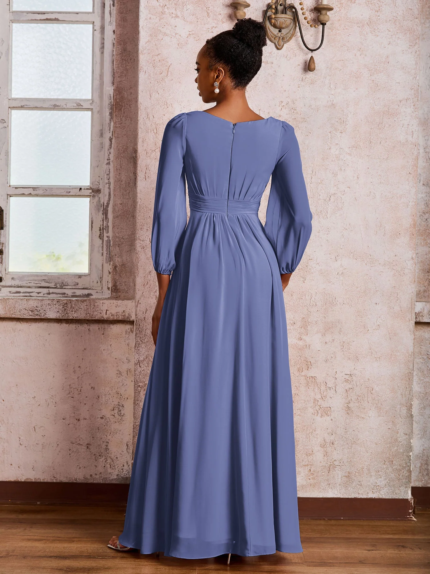 U-Ausschnitt Langarm Rüschen A-Linie Chiffon Kleider Periwinkleblau - Image 2