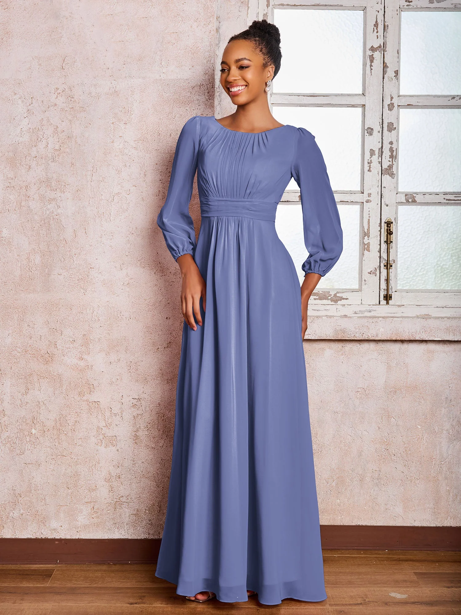 U-Ausschnitt Langarm Rüschen A-Linie Chiffon Kleider Periwinkleblau - Image 3