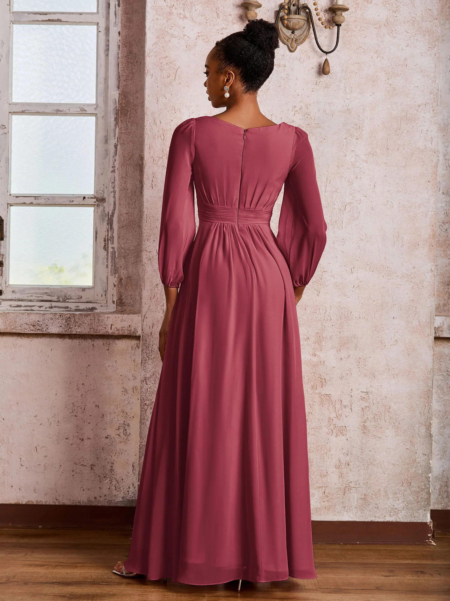 U-Ausschnitt Langarm Rüschen A-Linie Chiffon Kleider Zimtrose - Image 2