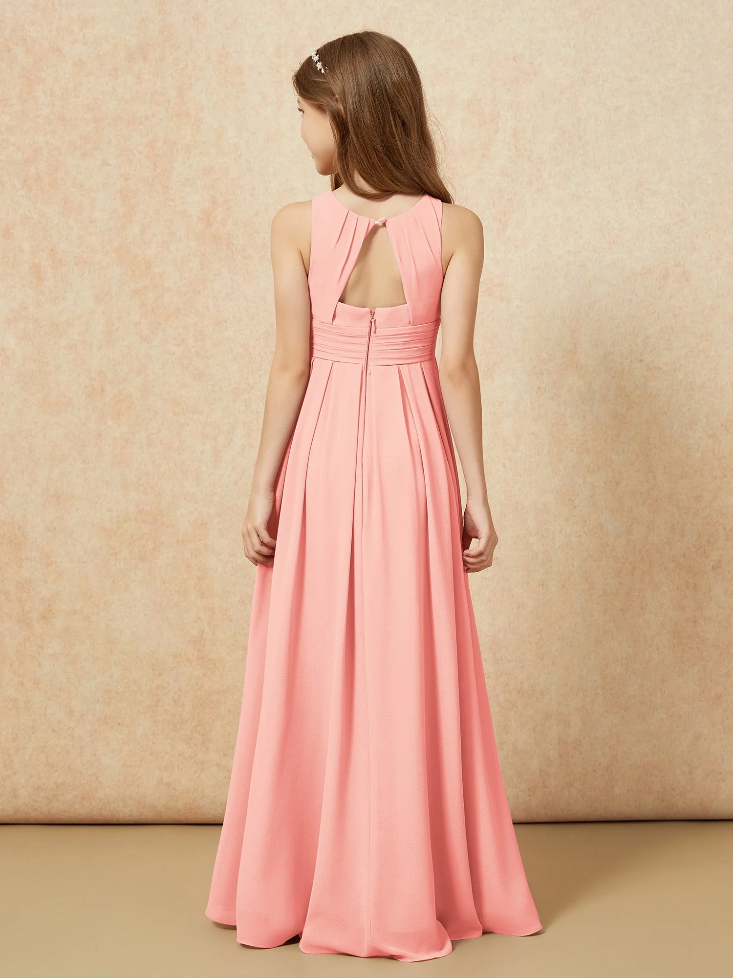 U-Ausschnitt Plissee Lang Junge Brautjungfernkleider Koralle - Image 2