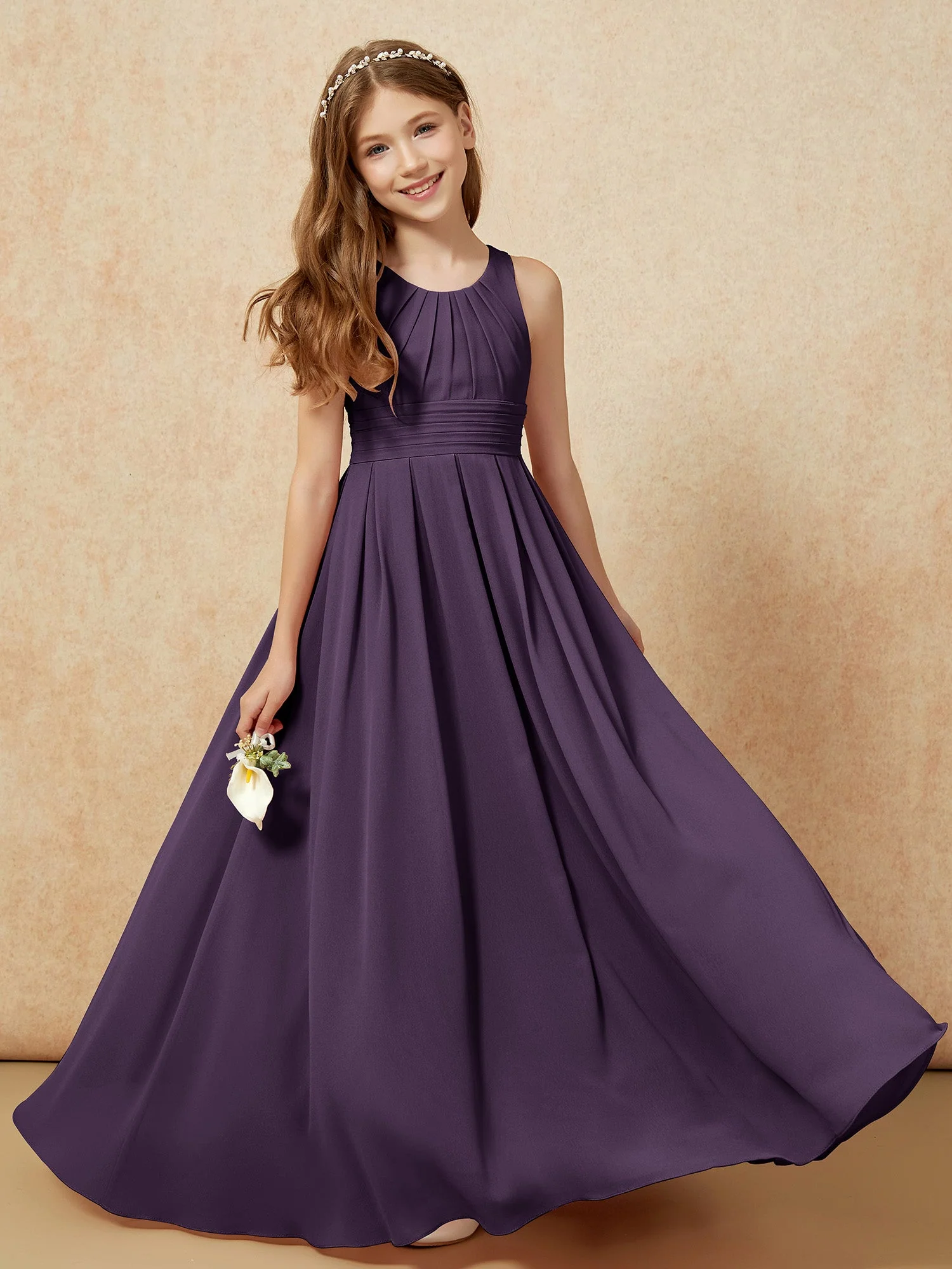 U-Ausschnitt Plissee Lang Junge Brautjungfernkleider Plum