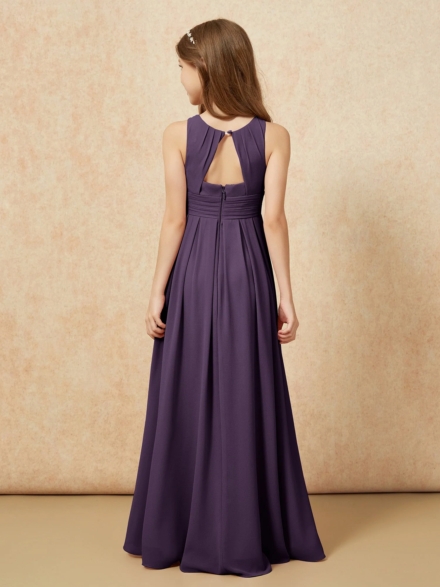 U-Ausschnitt Plissee Lang Junge Brautjungfernkleider Plum - Image 2