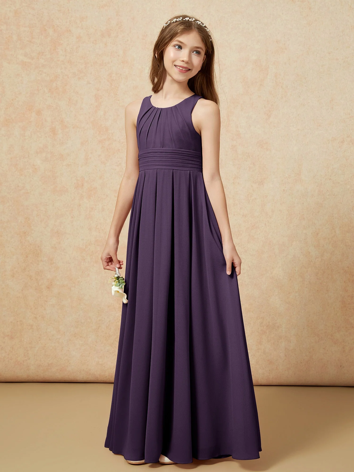 U-Ausschnitt Plissee Lang Junge Brautjungfernkleider Plum - Image 3