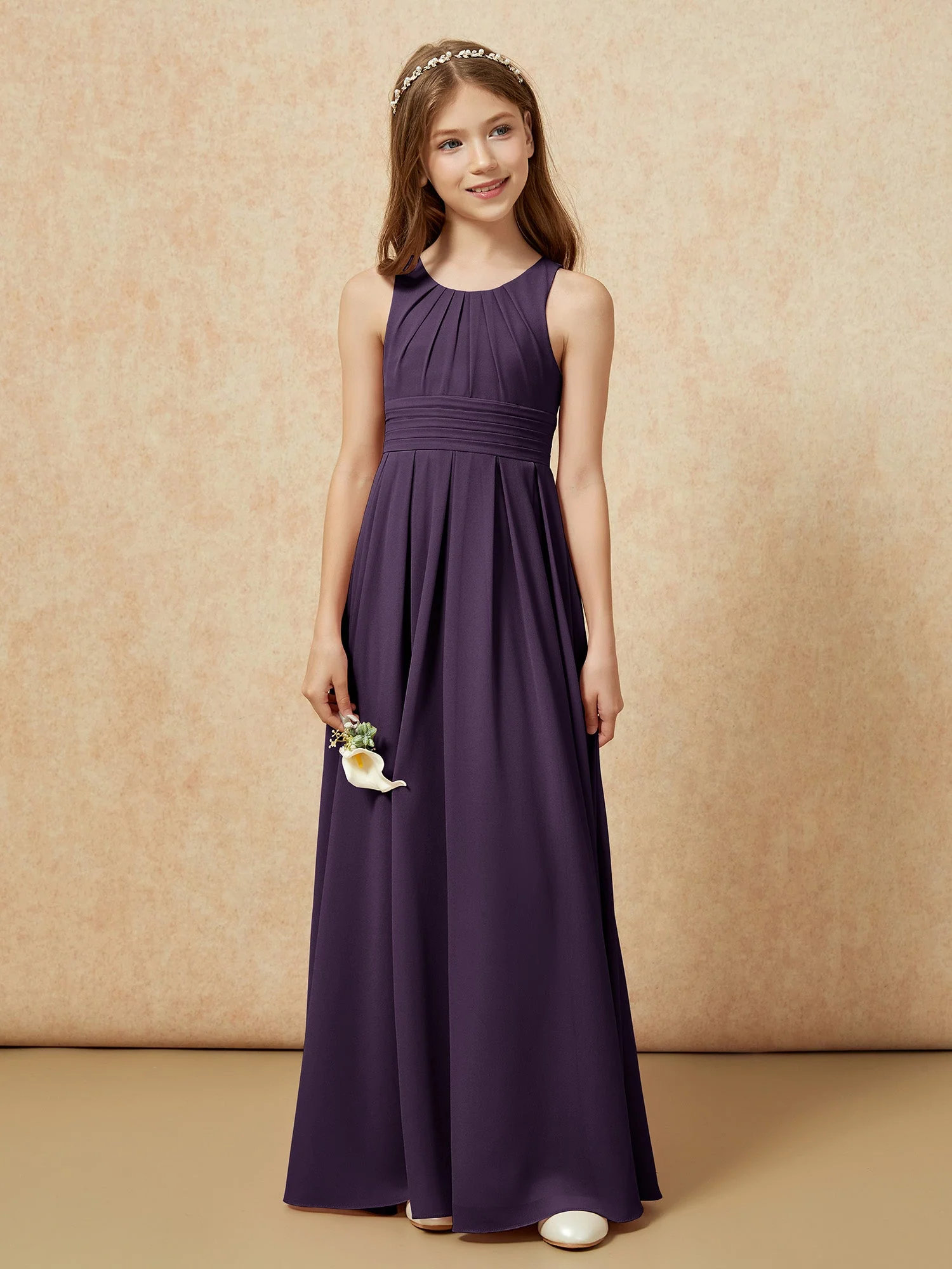 U-Ausschnitt Plissee Lang Junge Brautjungfernkleider Plum - Image 4