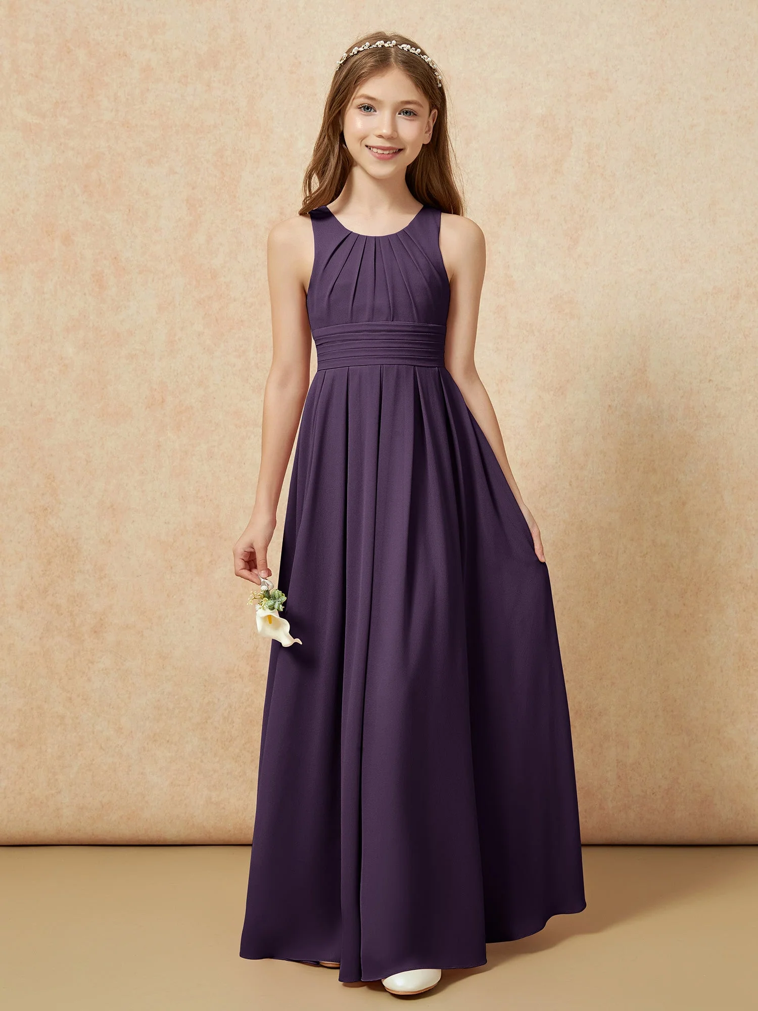 U-Ausschnitt Plissee Lang Junge Brautjungfernkleider Plum - Image 5