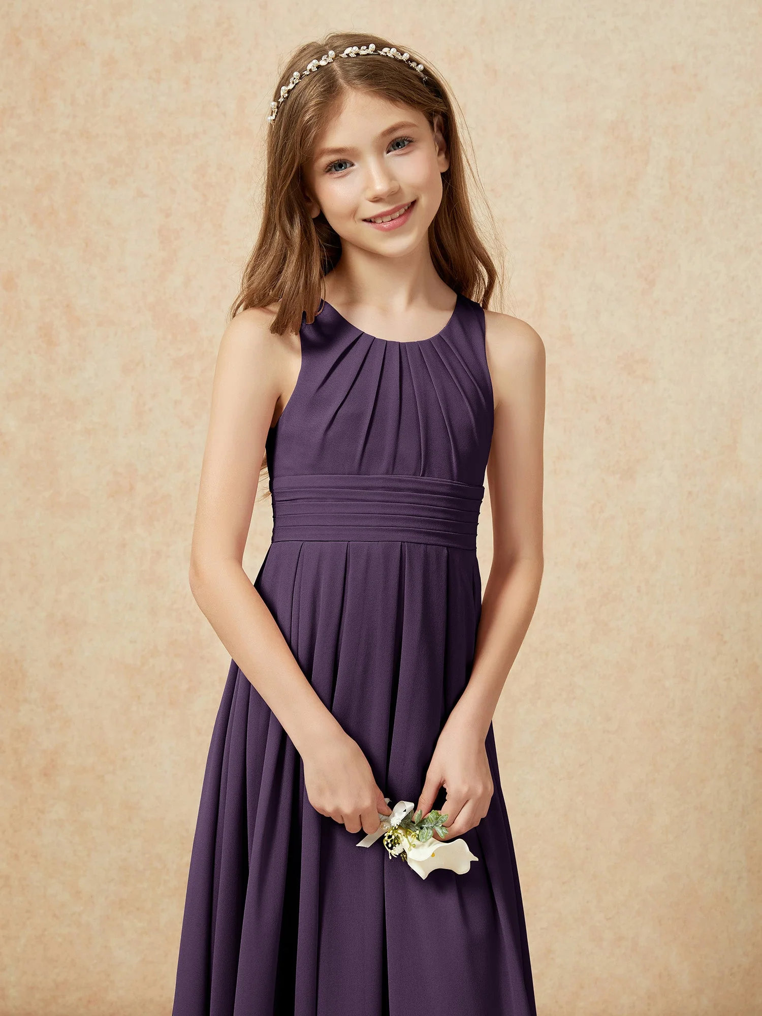 U-Ausschnitt Plissee Lang Junge Brautjungfernkleider Plum - Image 6