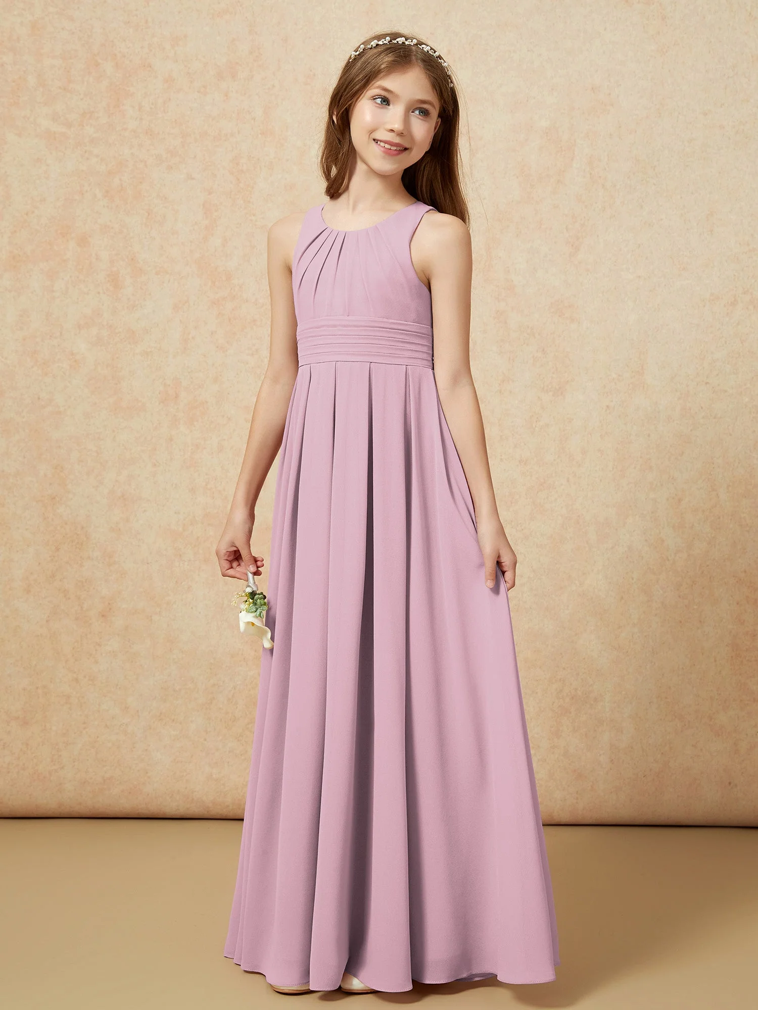 U-Ausschnitt Plissee Lang Junge Brautjungfernkleider Vintage Mauve - Image 3