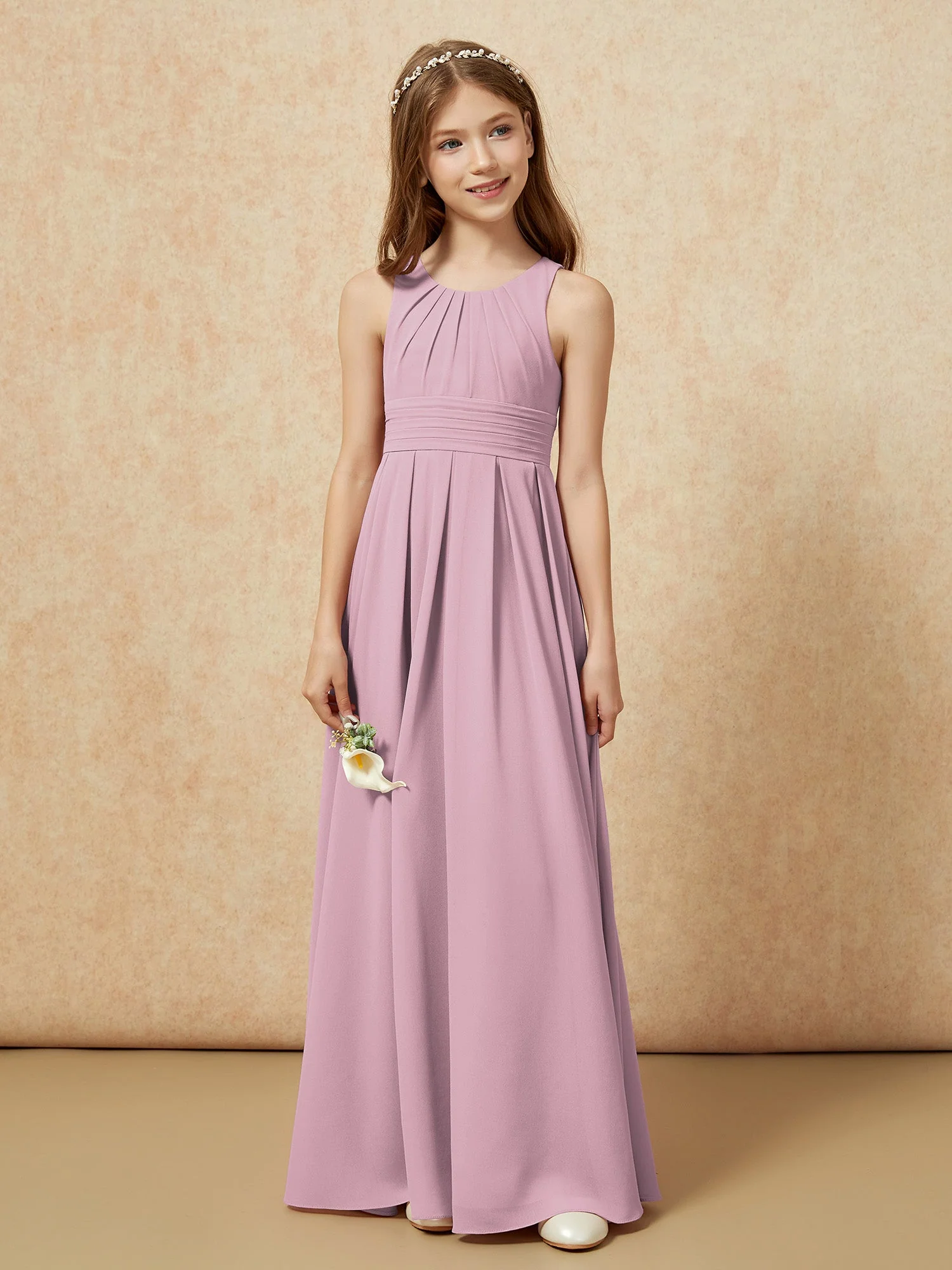 U-Ausschnitt Plissee Lang Junge Brautjungfernkleider Vintage Mauve - Image 4