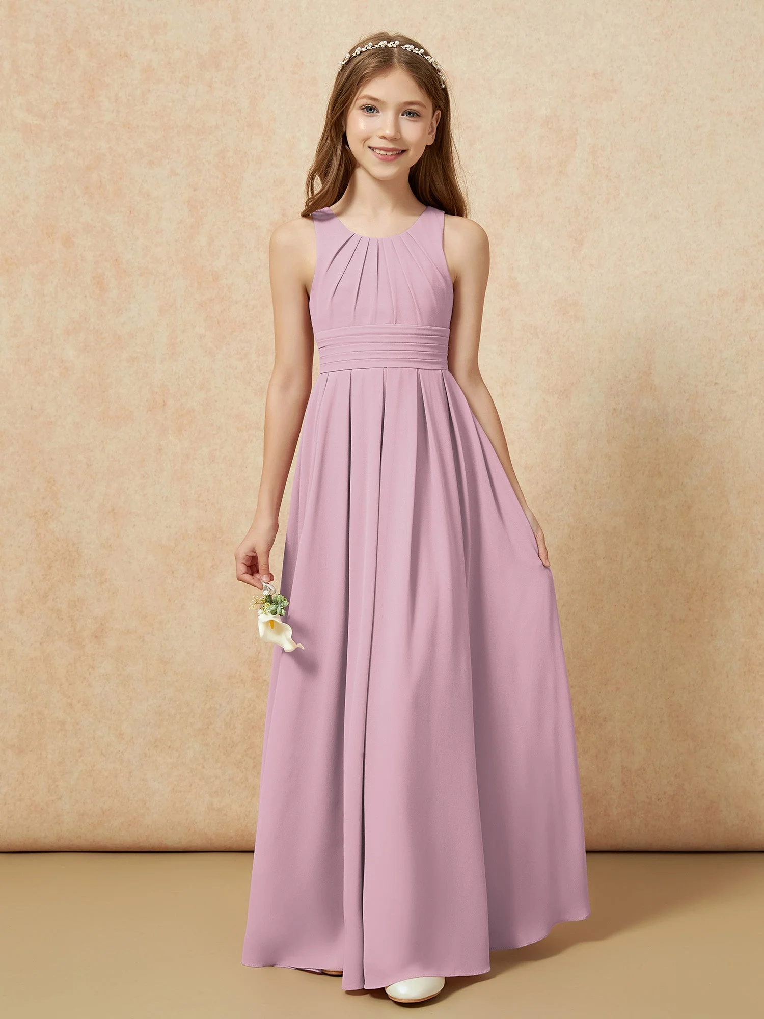 U-Ausschnitt Plissee Lang Junge Brautjungfernkleider Vintage Mauve - Image 5
