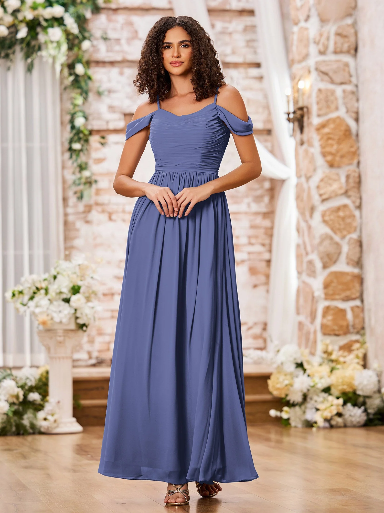 U-Ausschnitt Spaghettiträger Lang Chiffon Kleider Periwinkleblau