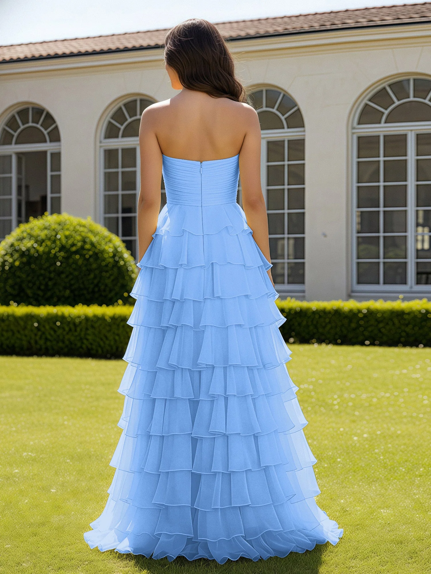 Chiffon Rüschen Herzform Ballkleid mit Schlitz Blau - Image 2