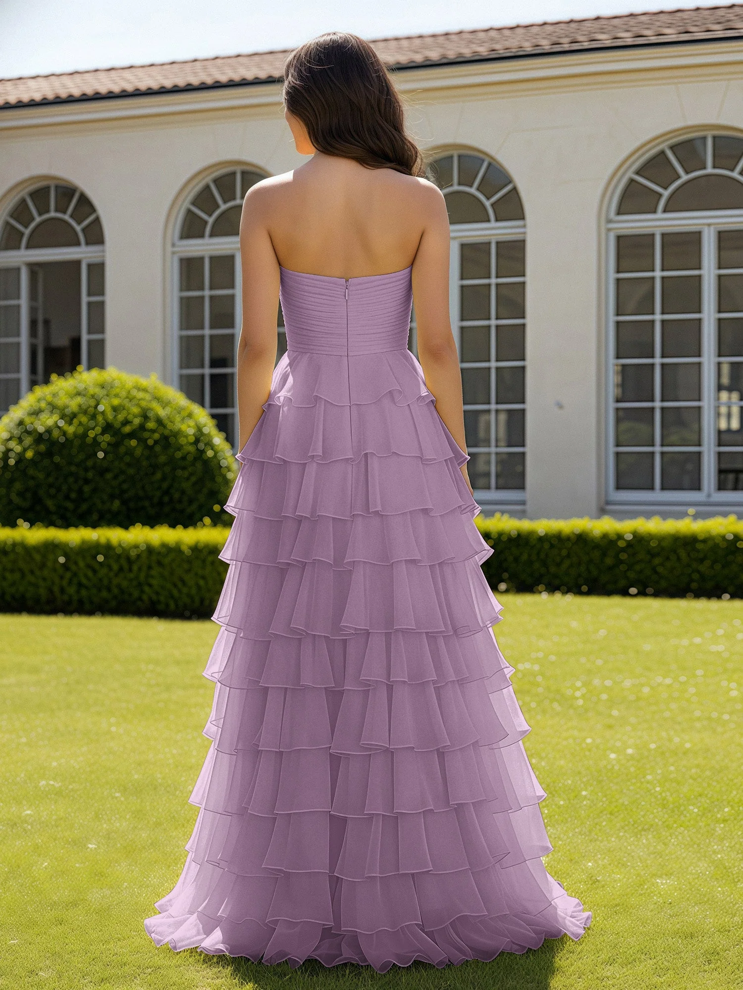 Chiffon Rüschen Herzform Ballkleid mit Schlitz Blauregen - Image 2