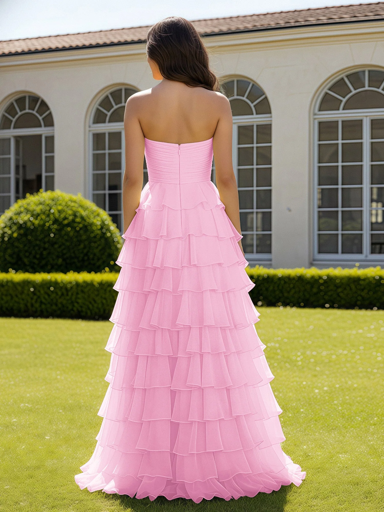 Chiffon Rüschen Herzform Ballkleid mit Schlitz Bonbonrosa - Image 2
