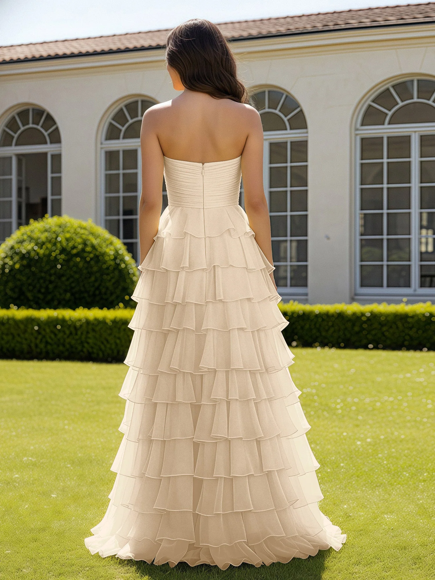Chiffon Rüschen Herzform Ballkleid mit Schlitz Champagner - Image 2