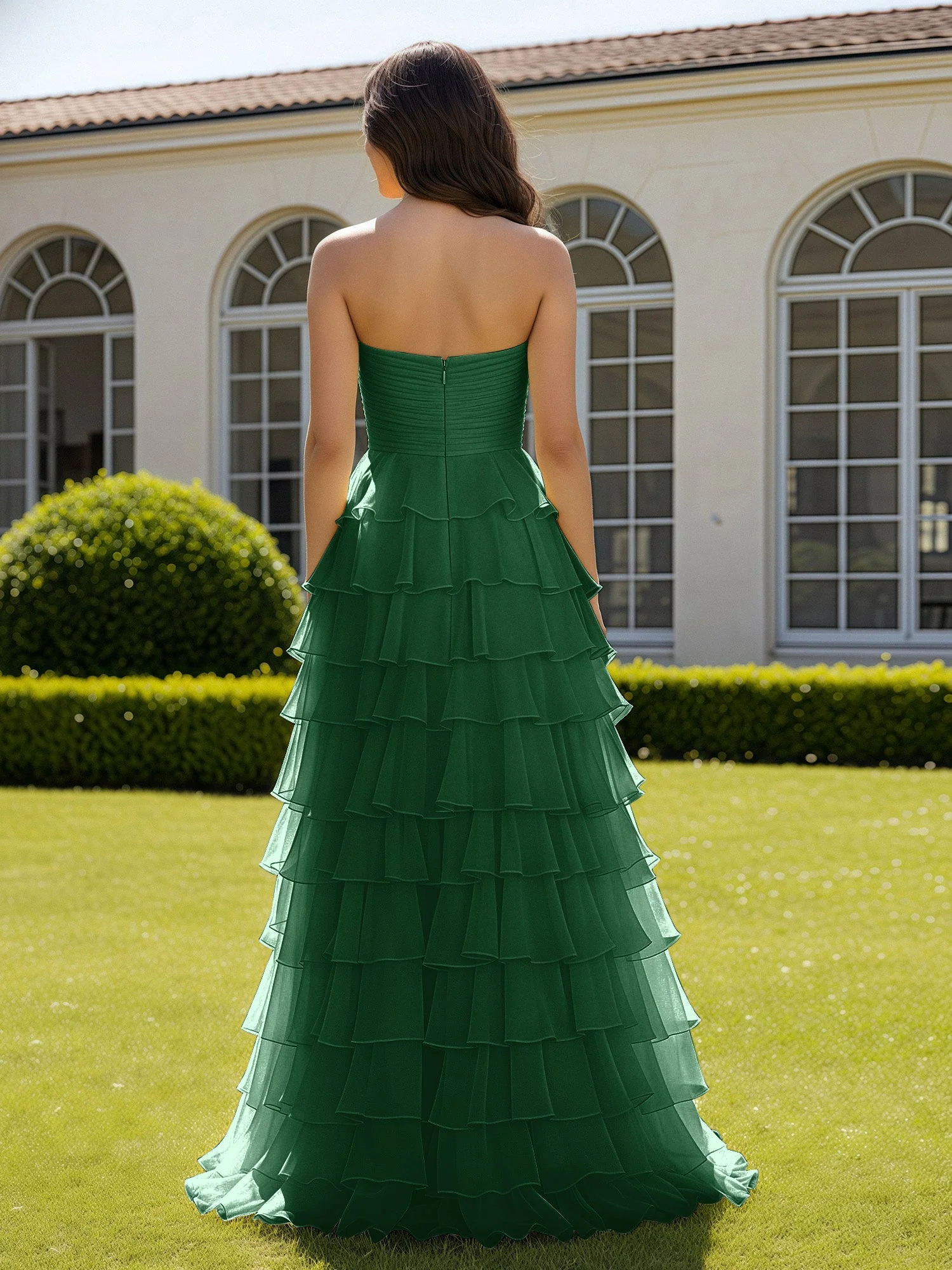 Chiffon Rüschen Herzform Ballkleid mit Schlitz Dunkelgrün - Image 2